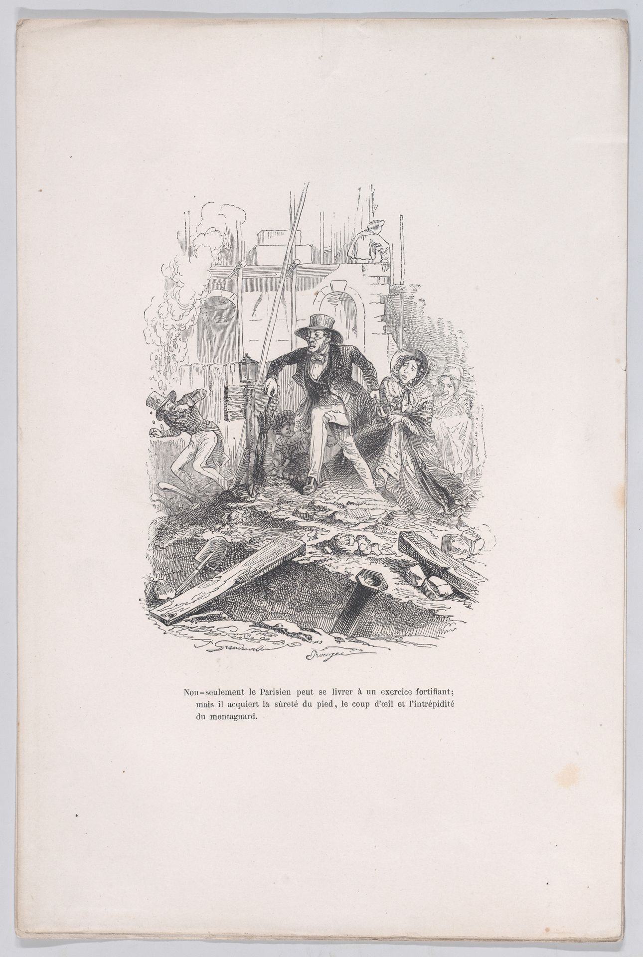 "Not only can the Parisian engage in a strengthening exercise; but he acquires the safety of the foot, the glance and the intrepidity of the mountaineer." from the Little Miseries of Human Life by J. J. Grandville