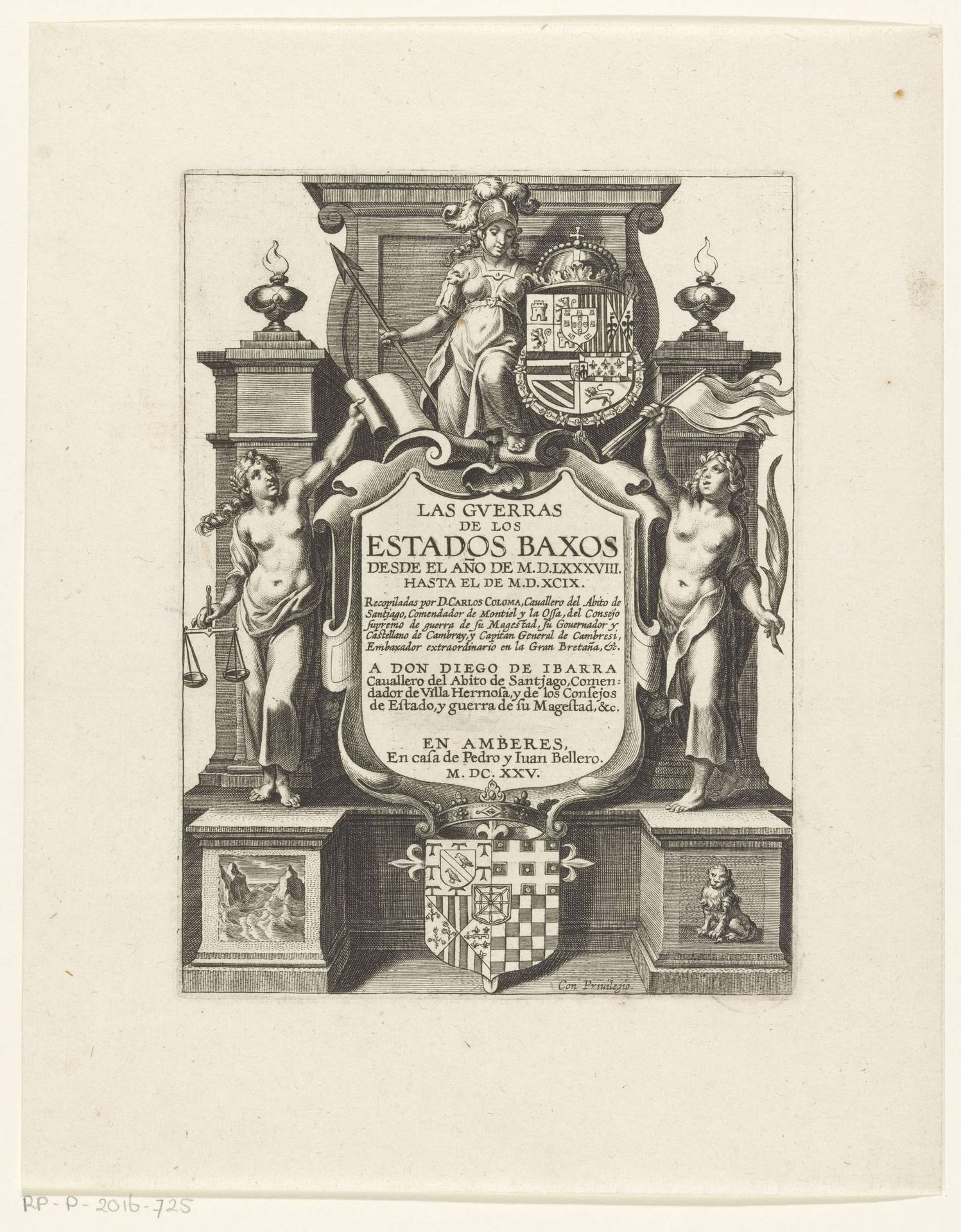 Drie personificaties met wapen van Filips II by Anonymous