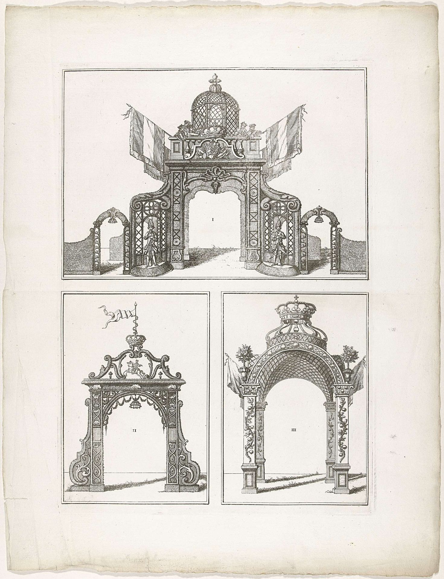 Erepoorten I-III te Den Haag, 1747 by Albertus (de Jonge) Frese