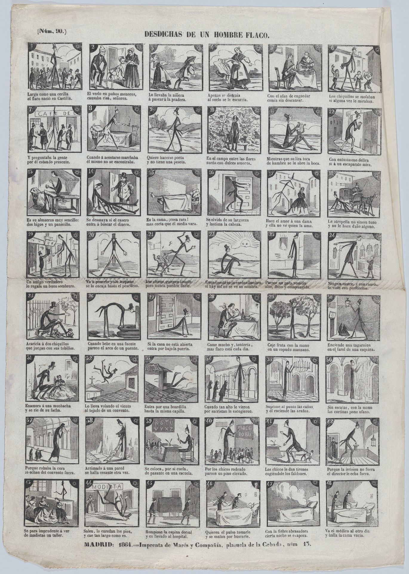 Broadside with 48 scenes depicting the misfortunes of a skinny man by José María Marés