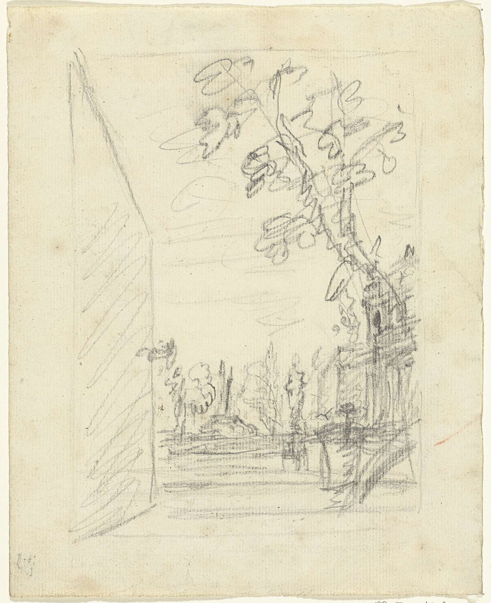 Gezicht in een tuin met op de voorgrond een openstaande deur by Dionys van Nijmegen
