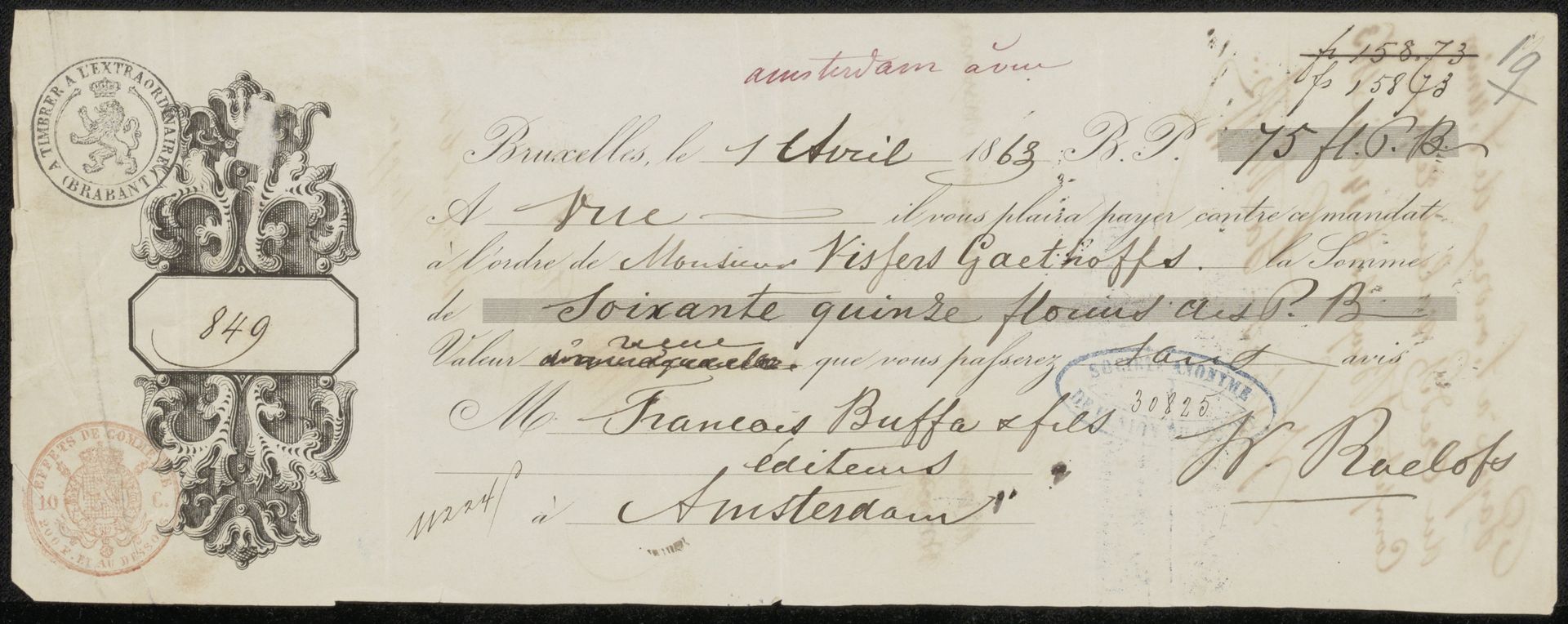 Kwitantie voor Willem Roelofs (I) by de heer Vissers Gaethoffs