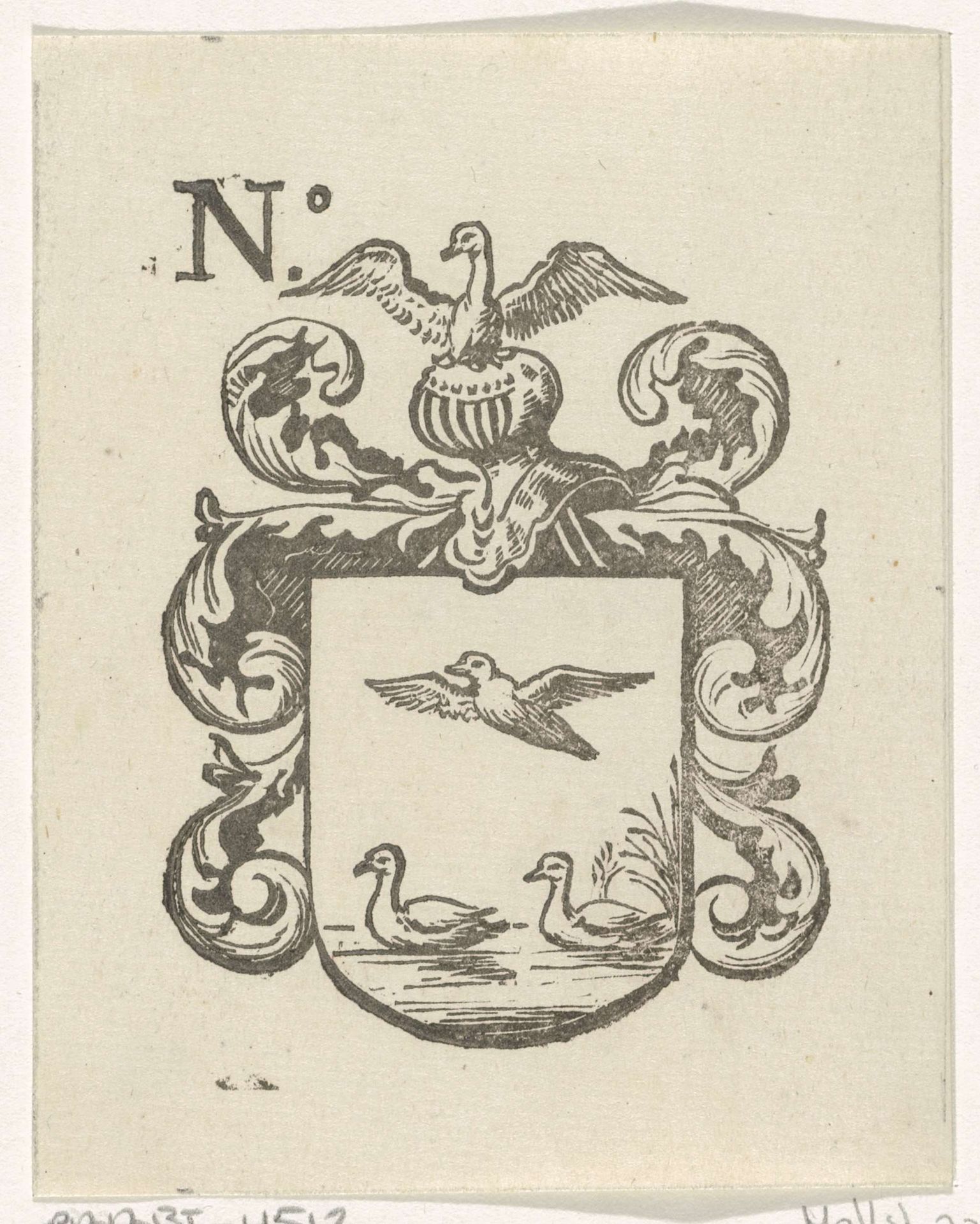 Handelsetiket met een wapen met daarop drie eenden by Isaac Vincentsz. van der Vinne