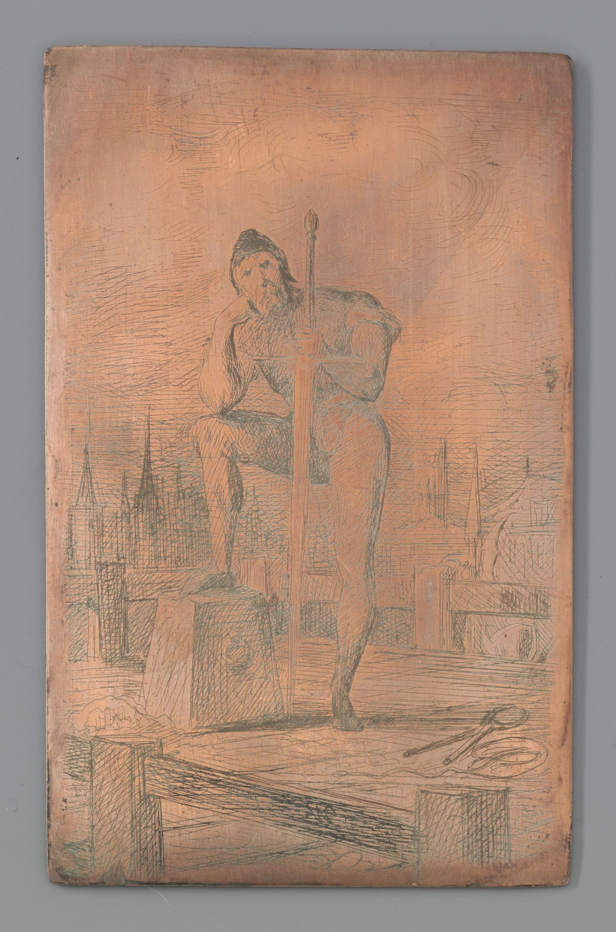 Man met groot zwaard, leunend op vierkant blok by W. Thomson