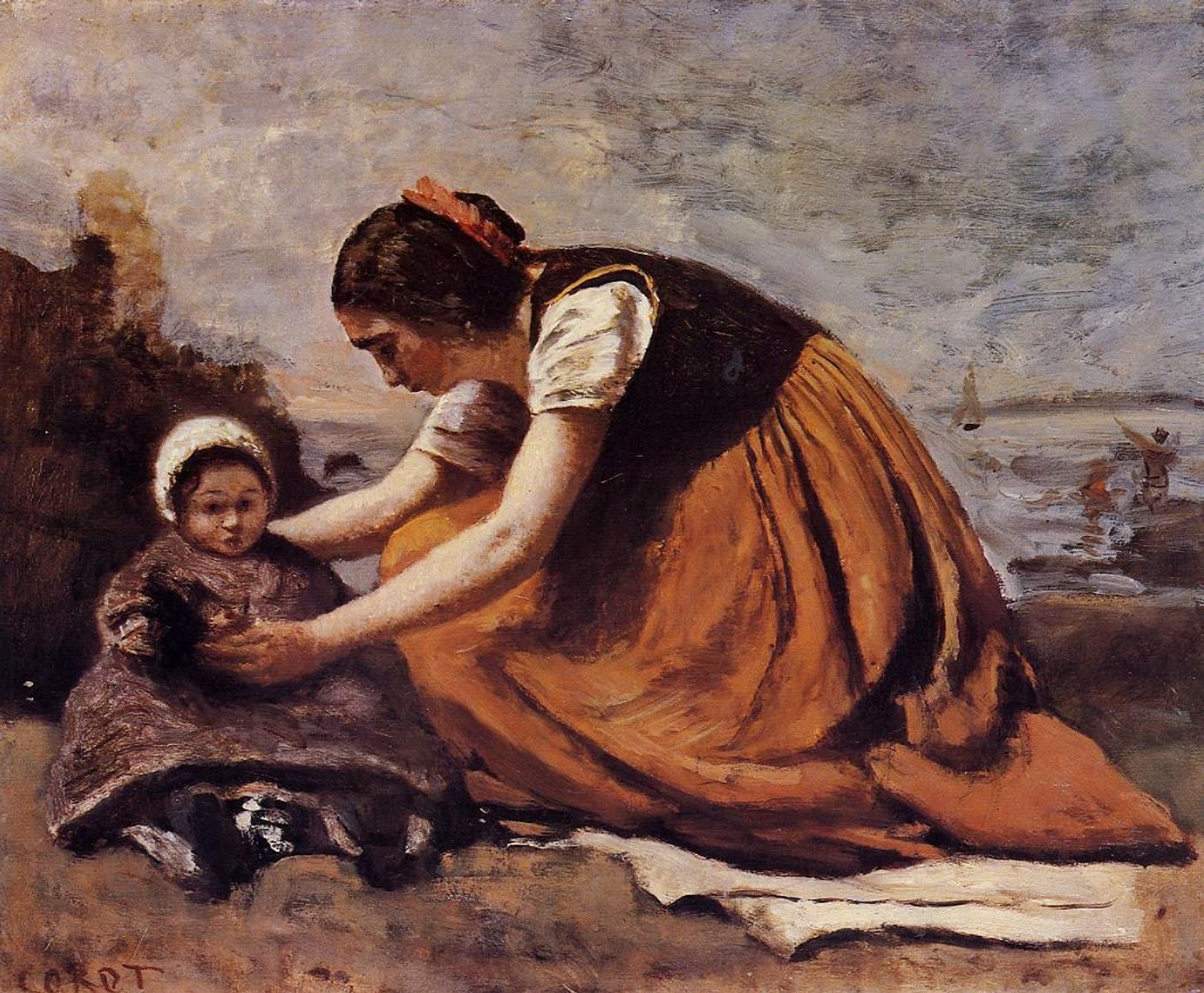 Mother and Child on the Beach by Camille Corot