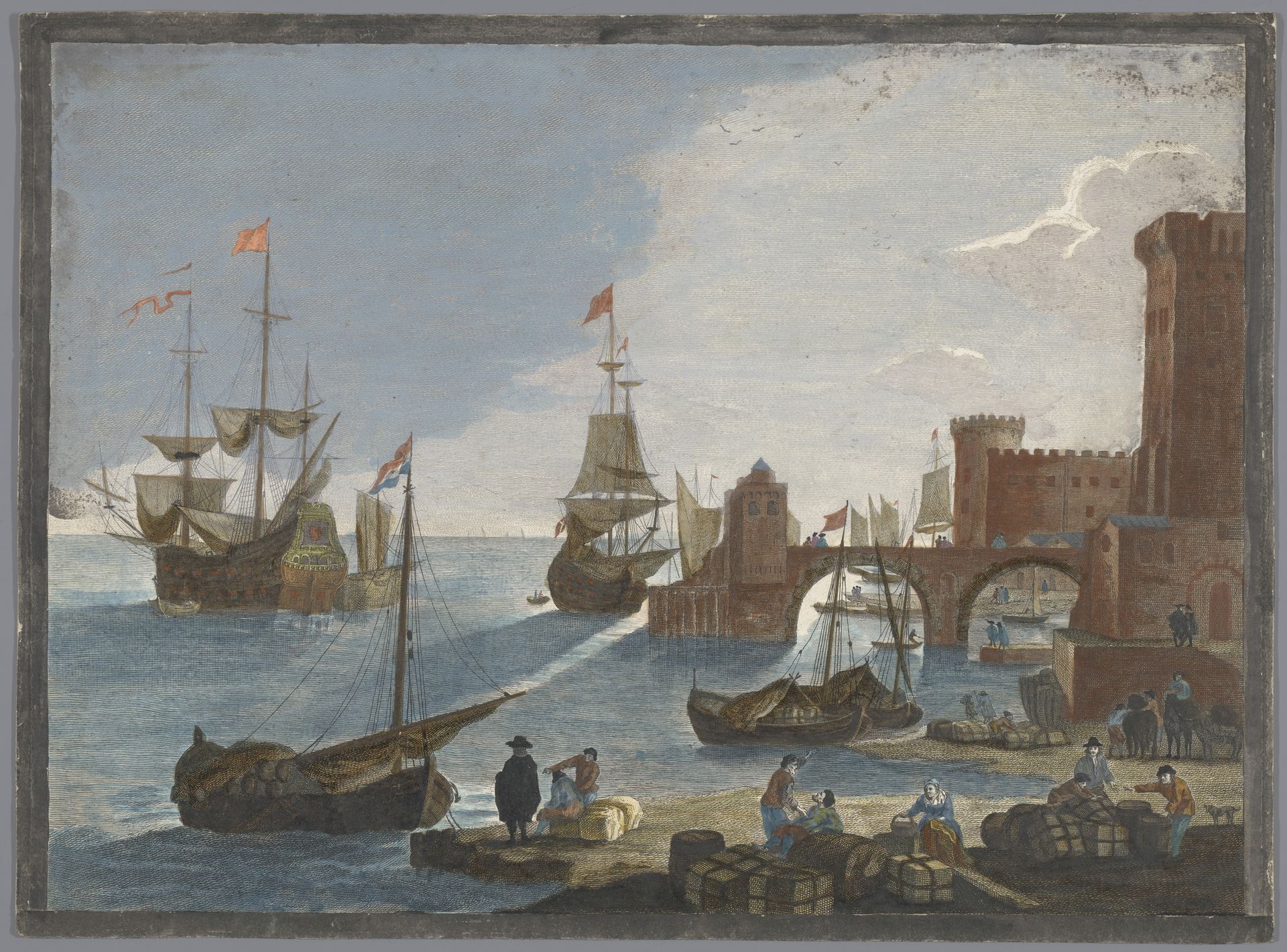 Gezicht op een zeehaven met schepen en boten op het water by Pierre François Basan