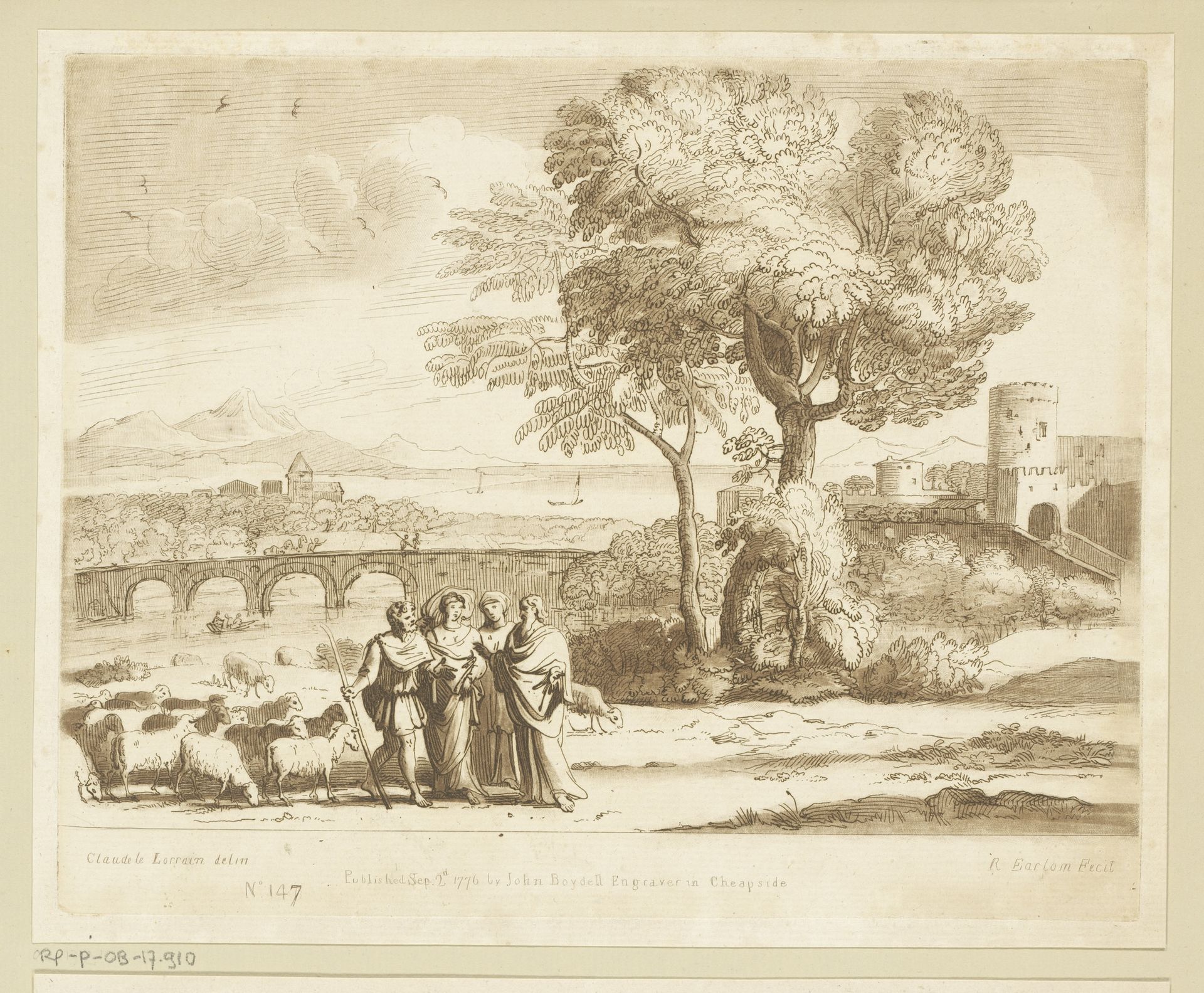 Landschap met Jacob, Laban, Lea en Rachel bij een kudde schapen by Richard Earlom