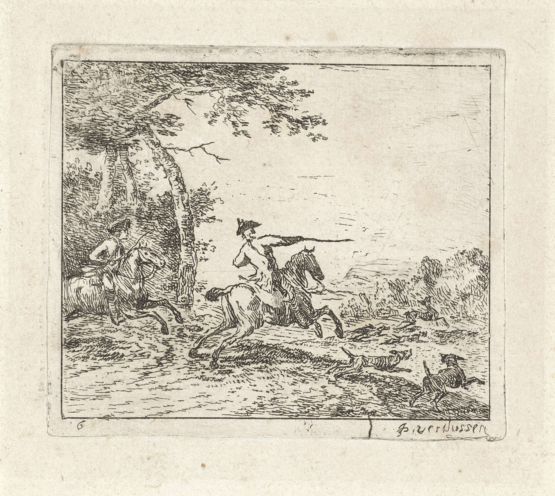 Hertenjacht met twee ruiters by Jan Peeter Verdussen