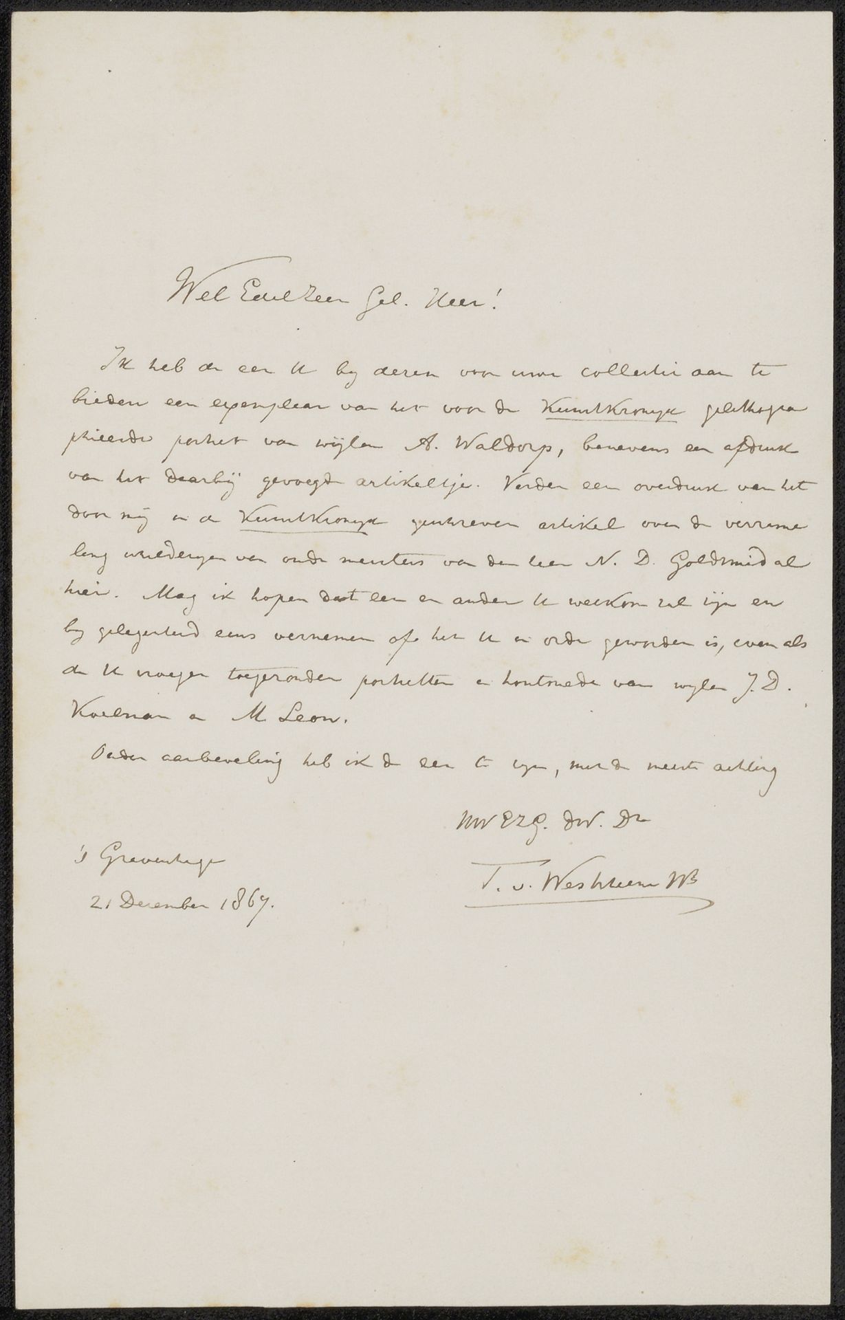 Brief aan anoniem by Wz. Tobias van Westrheene