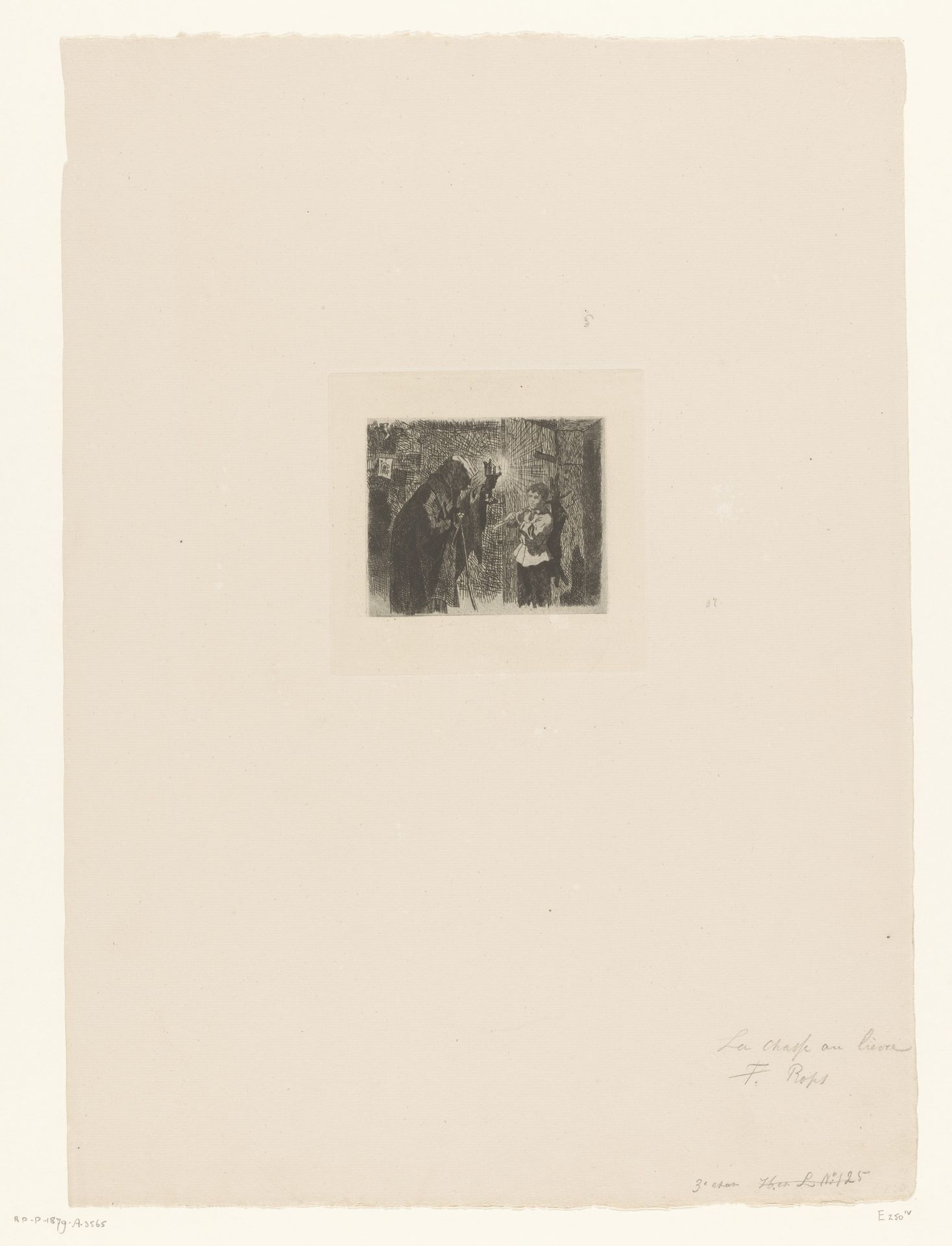 Jongen komt binnen met gevangen haas by Felicien Rops