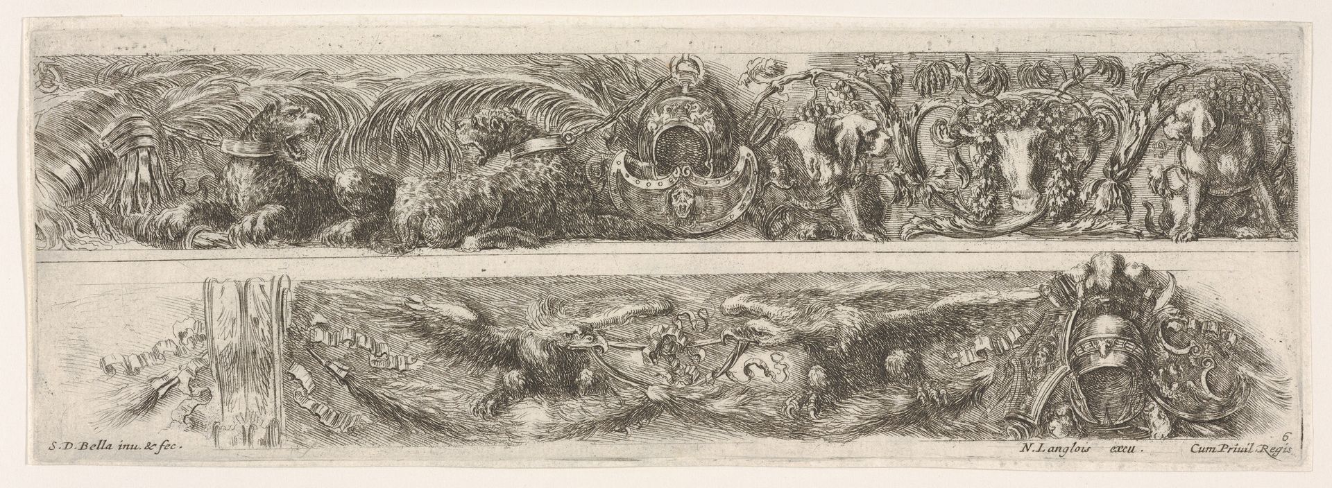 Two Designs for Friezes or Consoles characterized by Armorial Trophies, Plate 6 from: 'Decorative friezes and foliage' (Ornamenti di fregi e fogliami) by Stefano della Bella