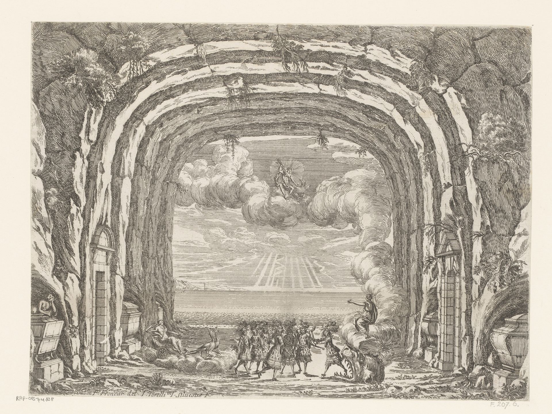 Toneeldecor met gezicht op zee vanuit een grot, op de voorgrond een groep dansers by Israel Silvestre