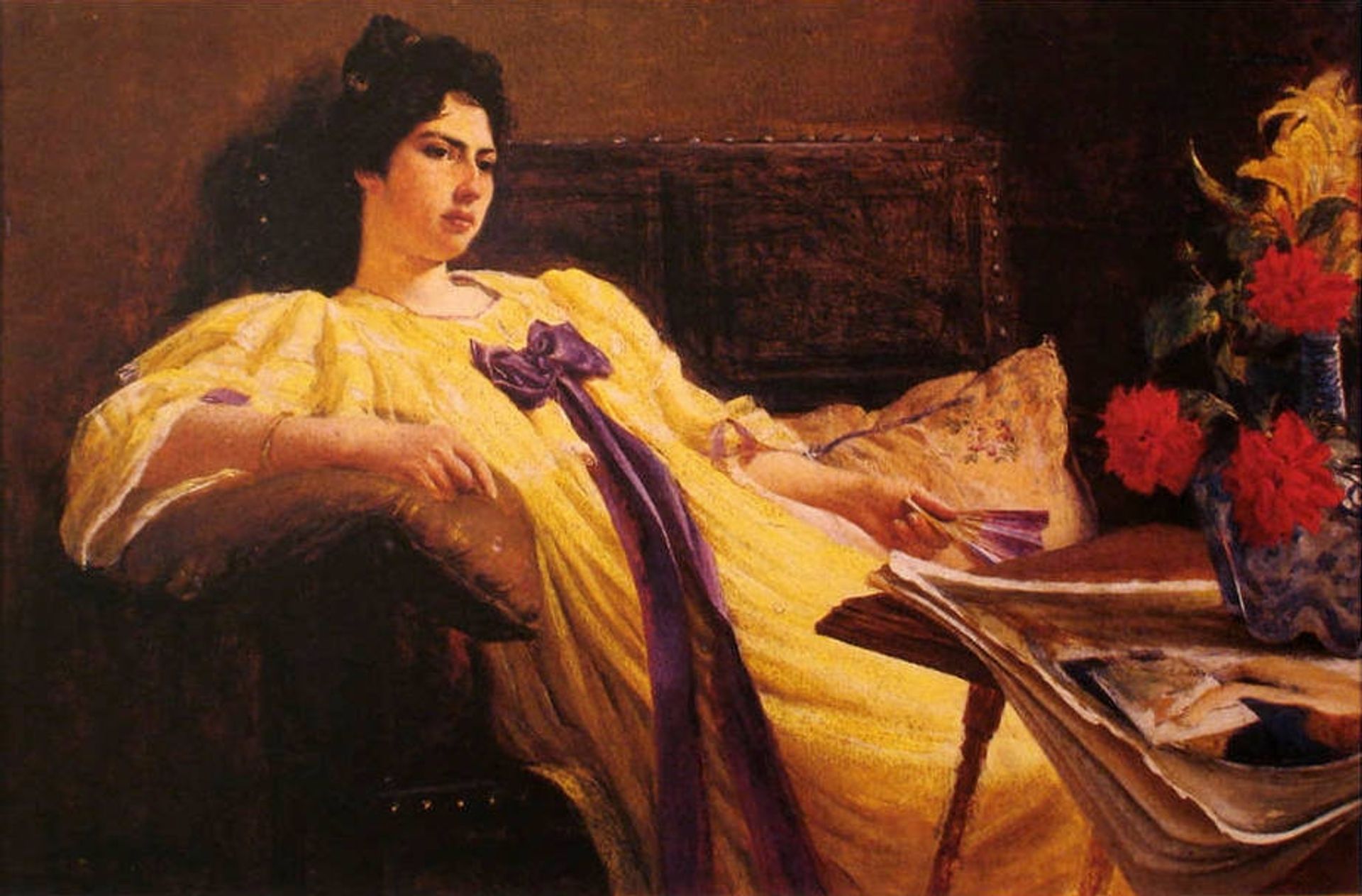 Portrait of a lady, yellow gown, purple scarf by Rodolfo Amoedo