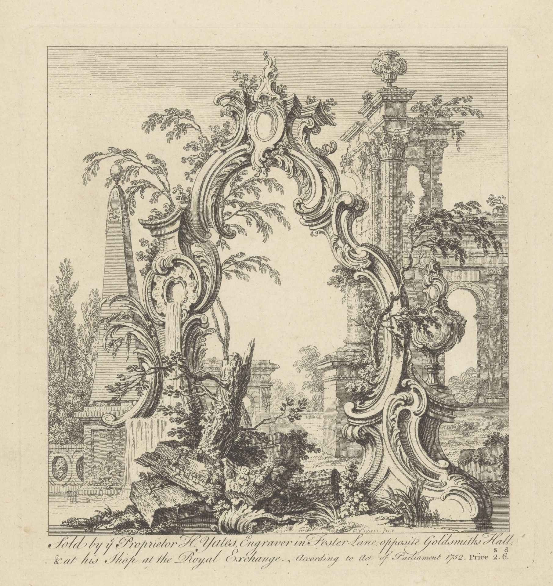 Cartouche in ruïnelandschap by François Vivares