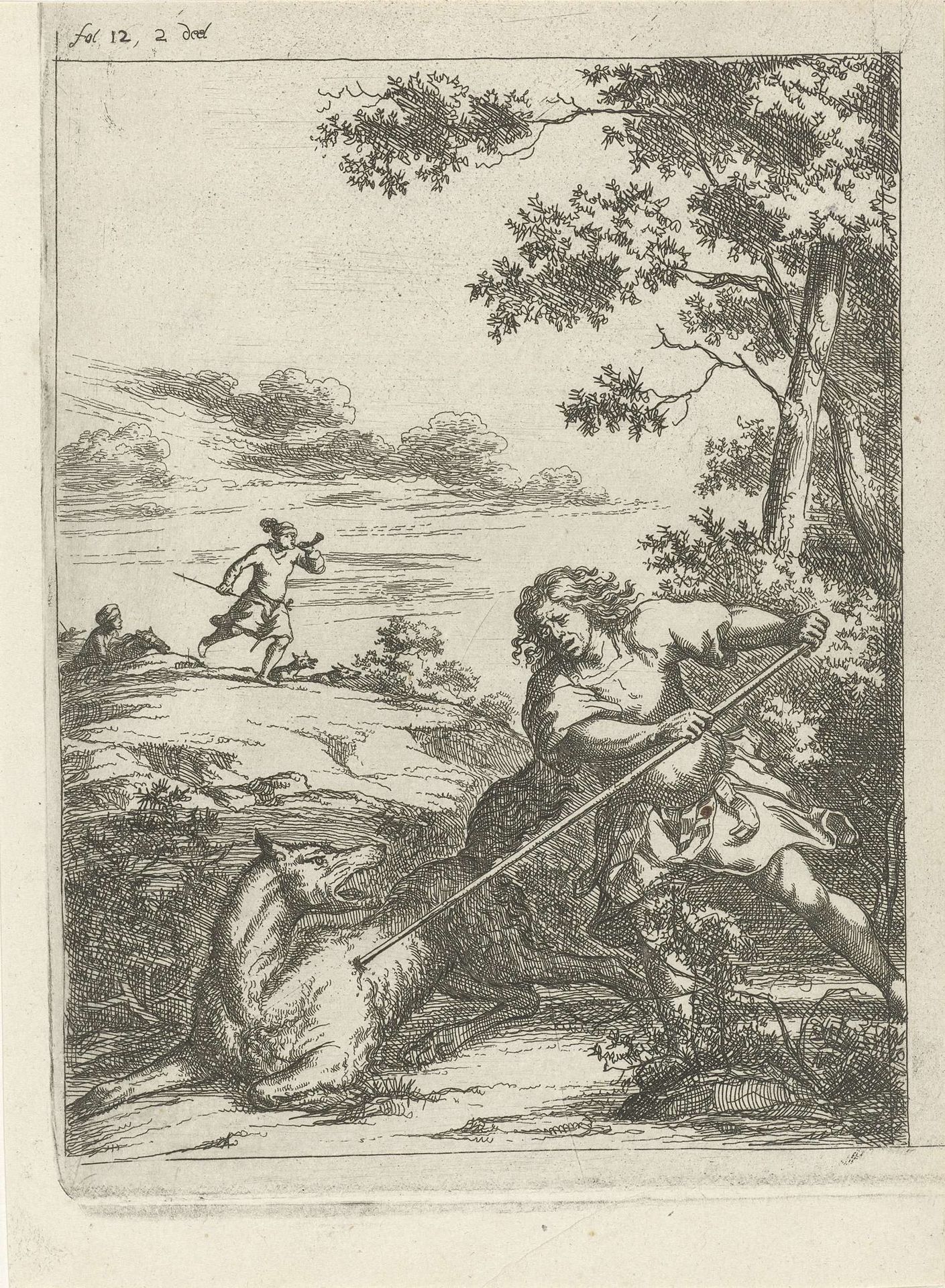 Fercard, koning van Schotland doodt een wolf by Arnold Houbraken
