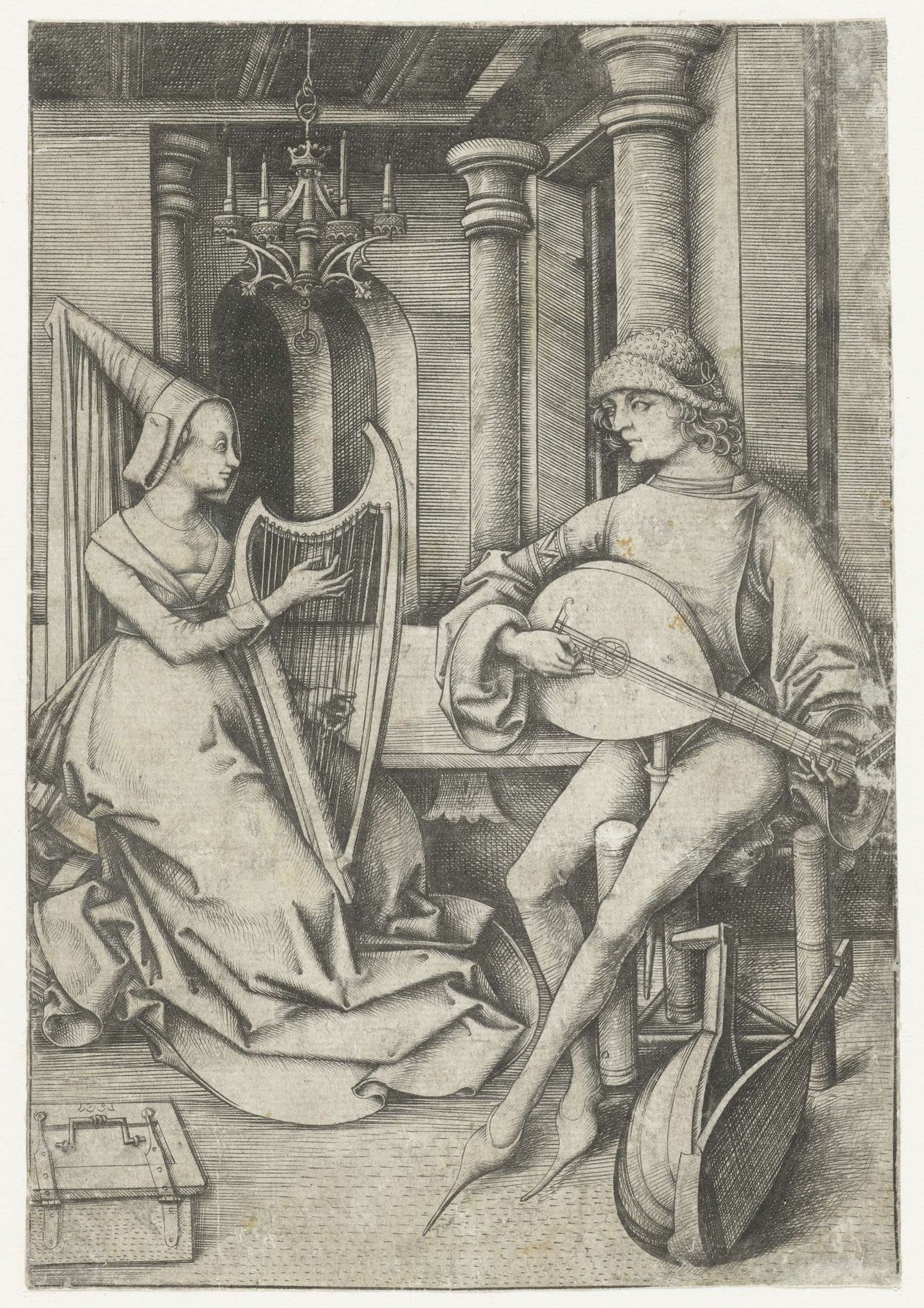 De luitspeler en de harpspeelster by Israhel van Meckenem