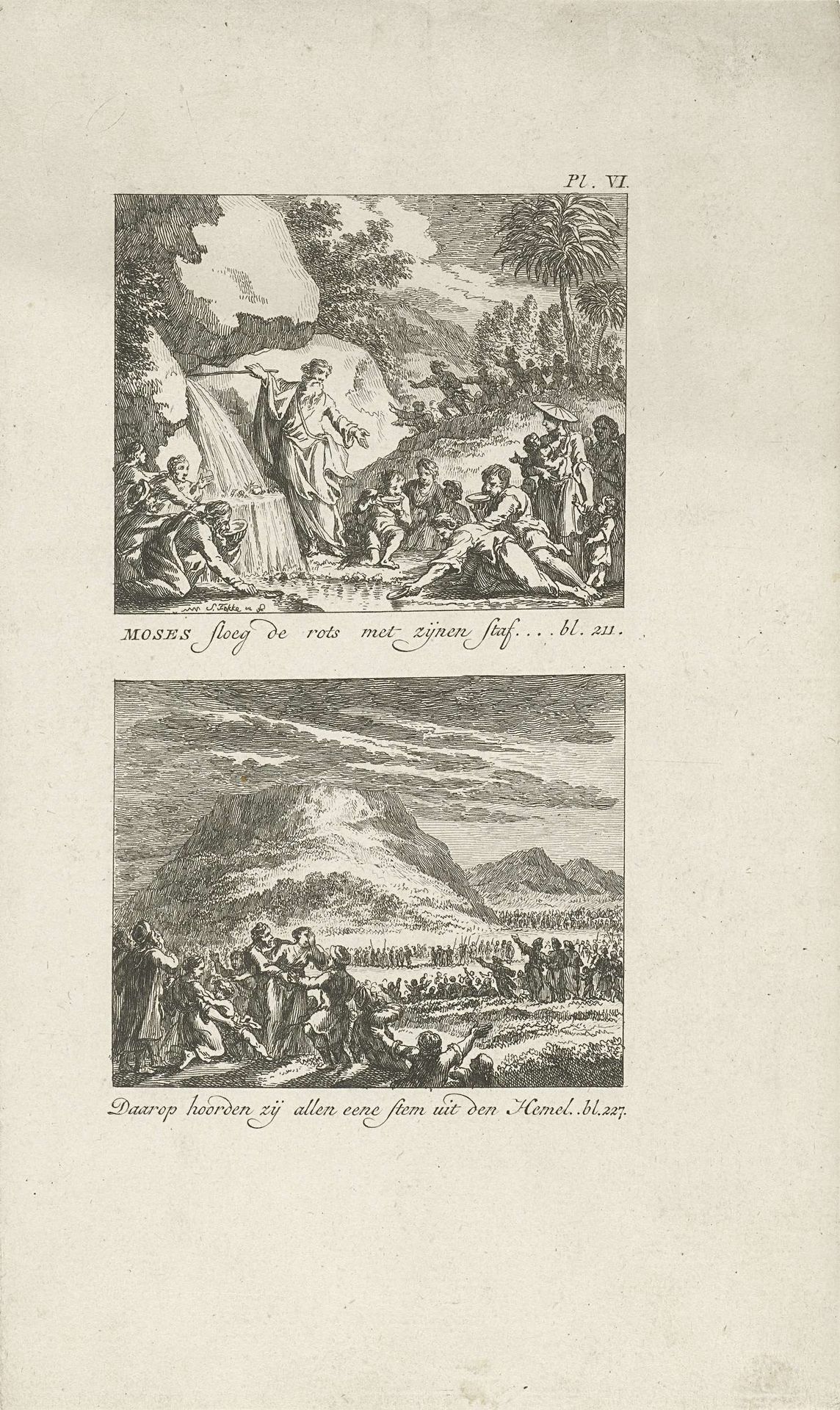 Mozes slaat water uit een rots, en Mozes op de berg Sinaï by Simon Fokke