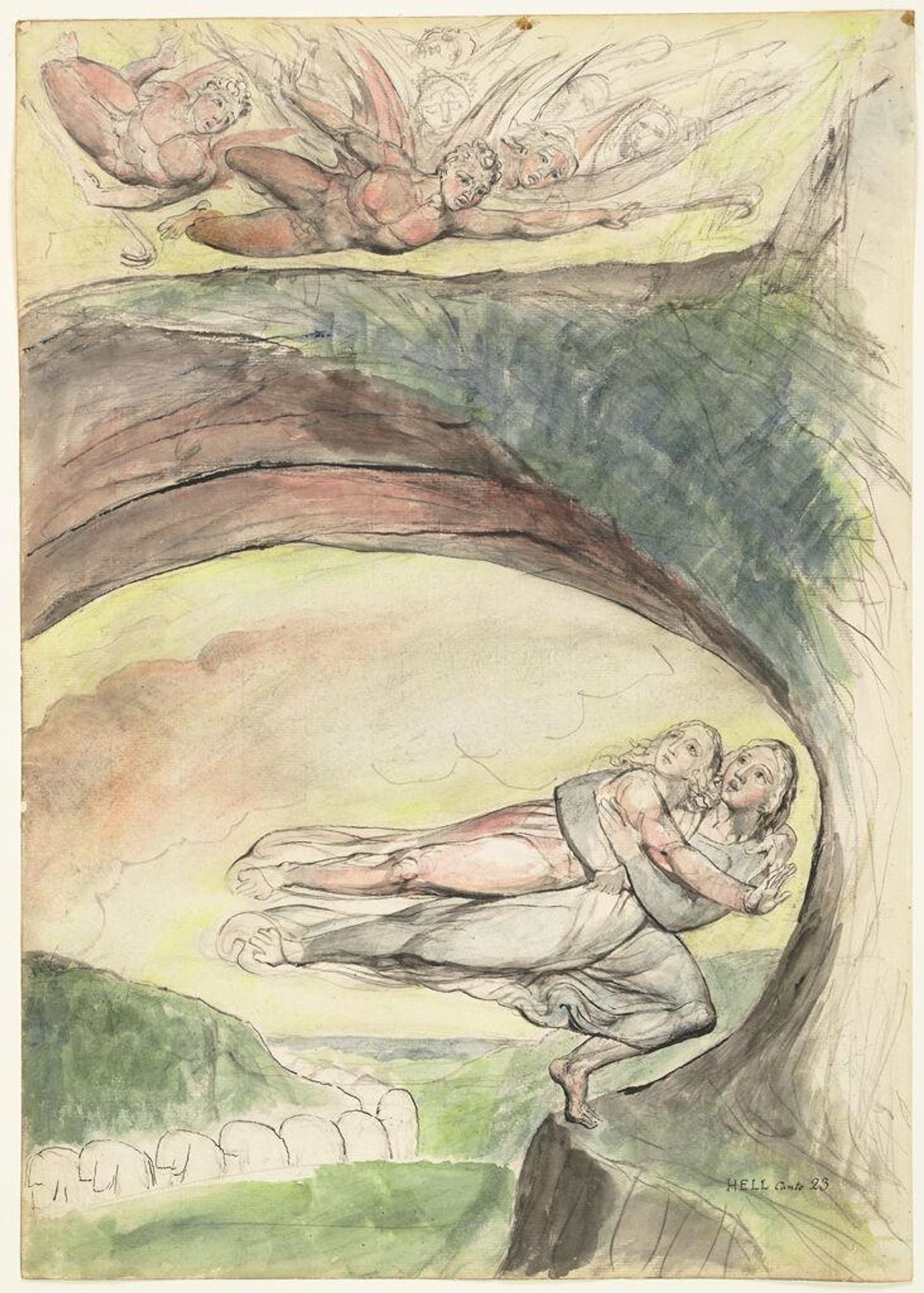 Dante and Virgil Escaping from the Devils (from Dante's "Divine Comedy"); verso: Sketch of rocks by William Blake