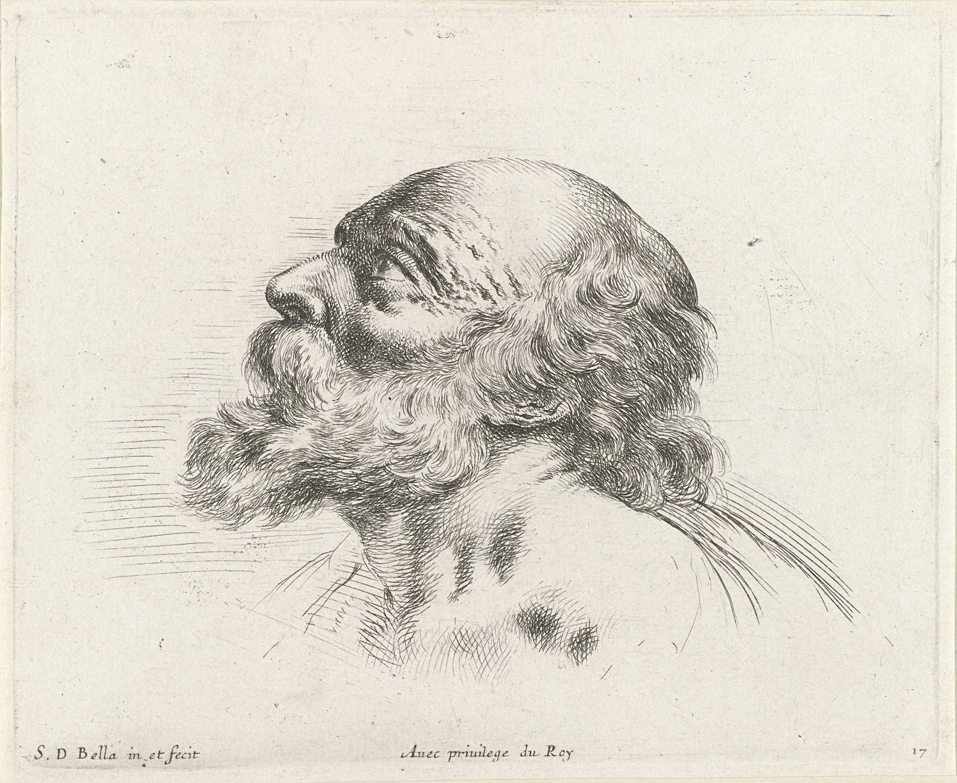 Hoofd van een kale oude man met baard, in profiel naar links (mogelijk H. Petrus) by Stefano della Bella