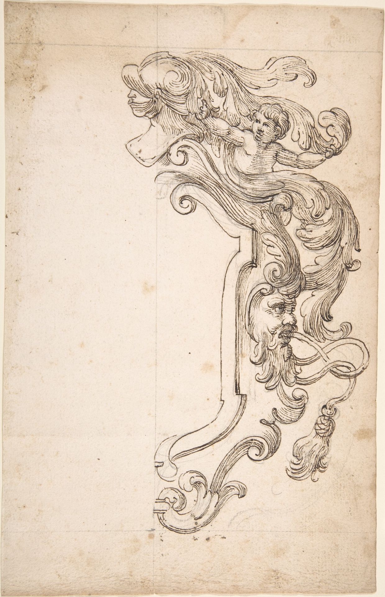 Design for Half of Frame with Helm, Putti, Mask by Anonymous