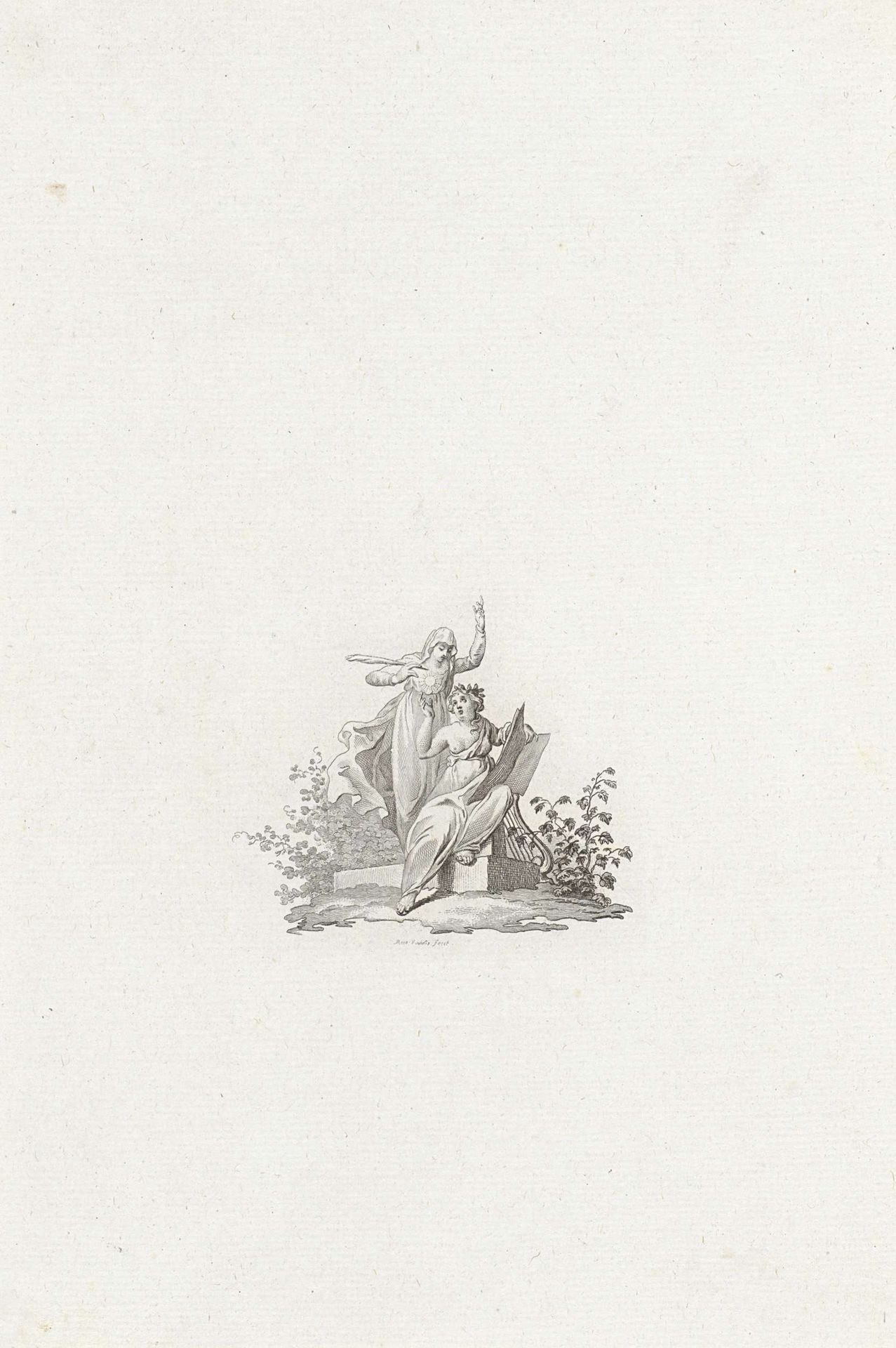 Vignet met twee vrouwelijke allegorische figuren by Reinier Vinkeles