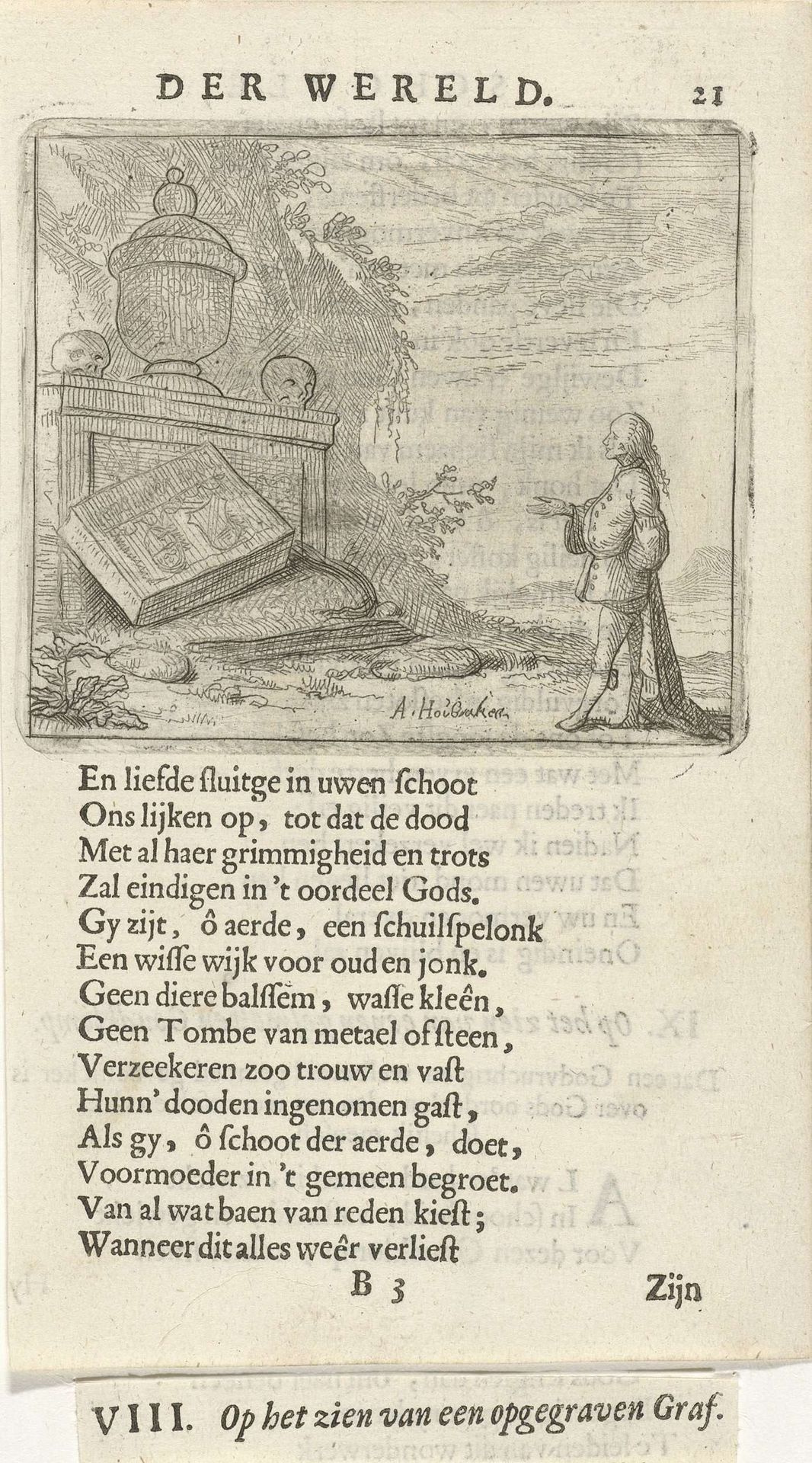 Staande man bij een opgegraven graf by Arnold Houbraken