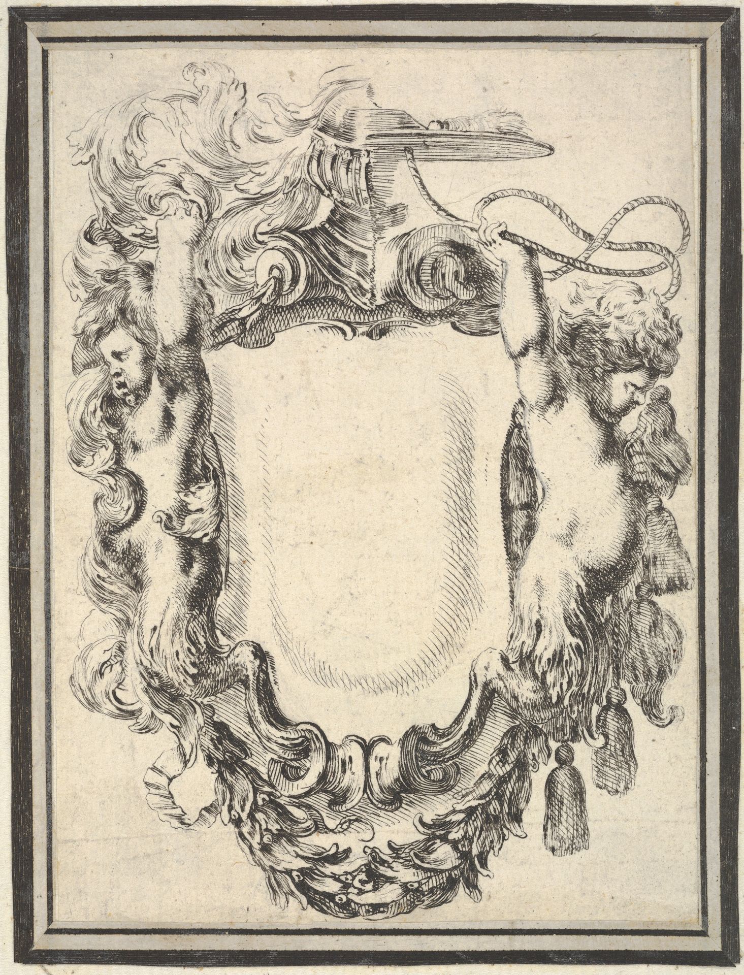 Plate 7: a cartouche flanked by two satyrs, crowned with half a herm and half a cardinal's hat, from 'Nouvelles inventions de Cartouches' by Stefano della Bella