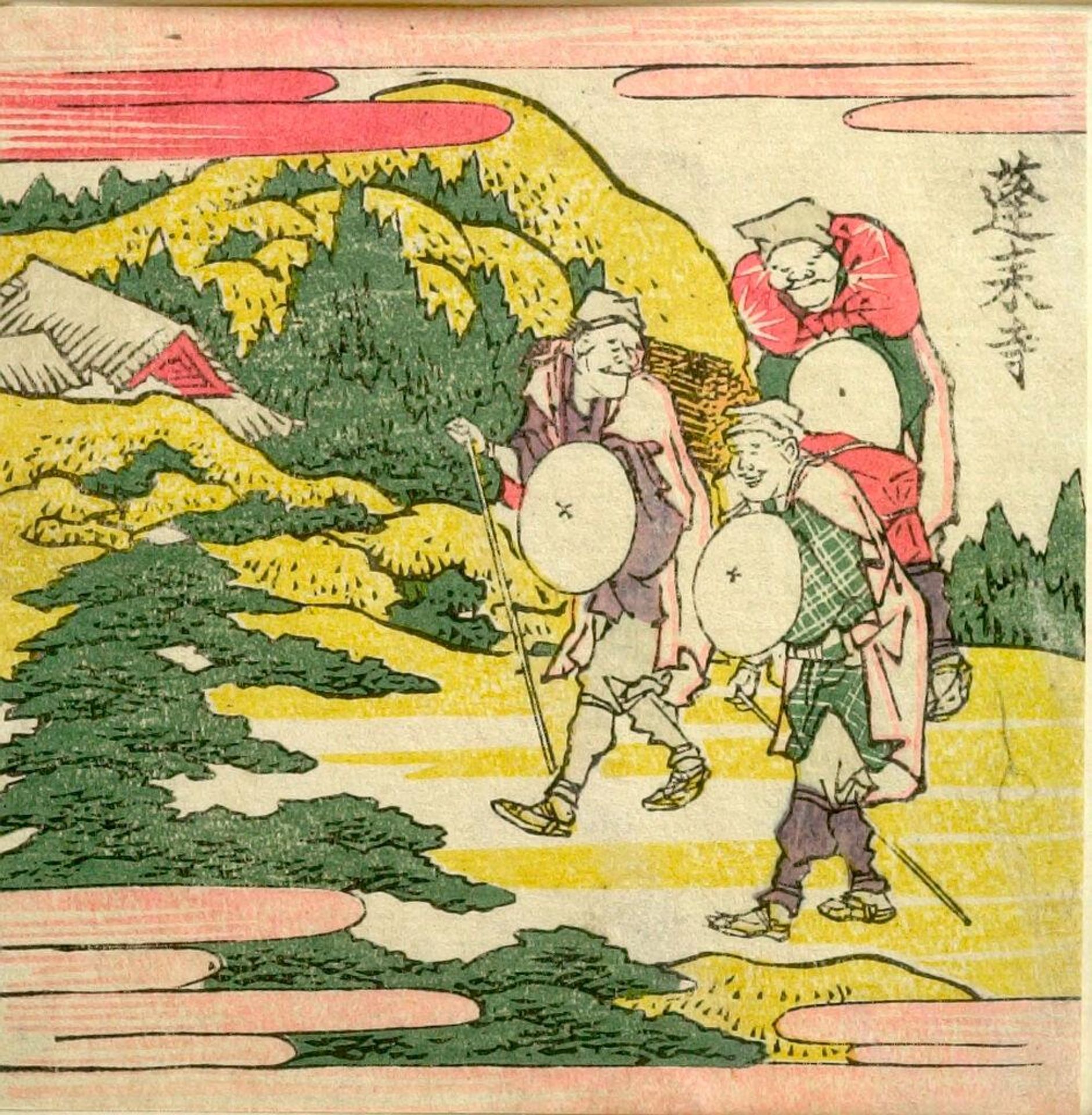 Three Men Traveling Along a Cliff/ HÅraiji, from the series Exhaustive Illustrations of the Fifty-Three Stations of the TÅkaidÅ (TÅkaidÅ gojÅ«santsugi ezukushi) by Katsushika Hokusai