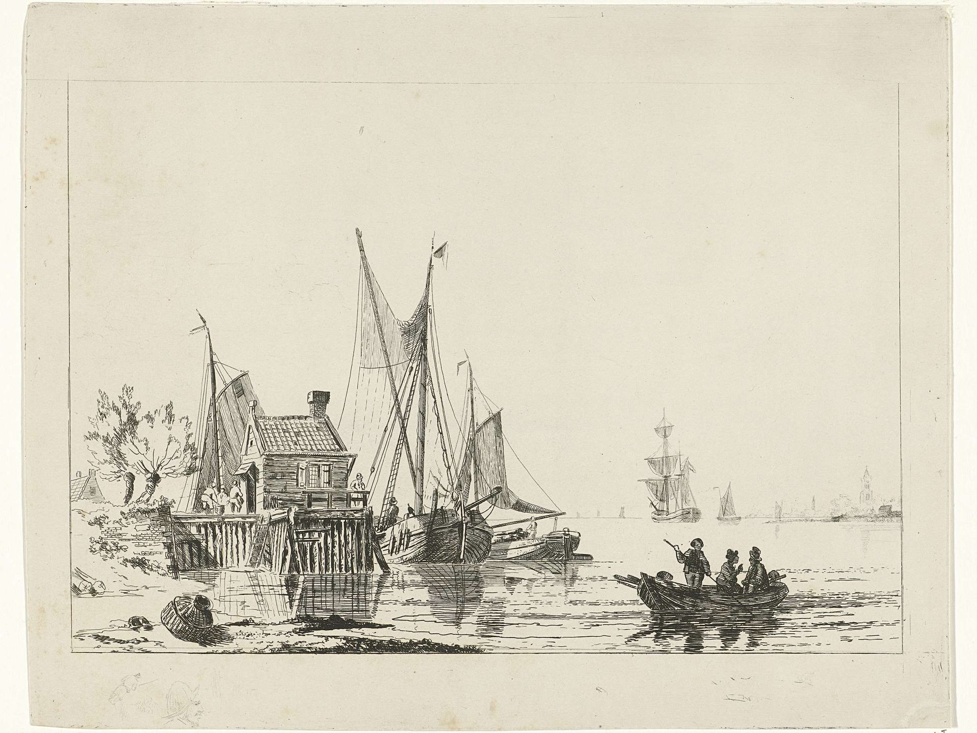 Riviergezicht met aangemeerde zeilschepen by Willem Gruyter jr.