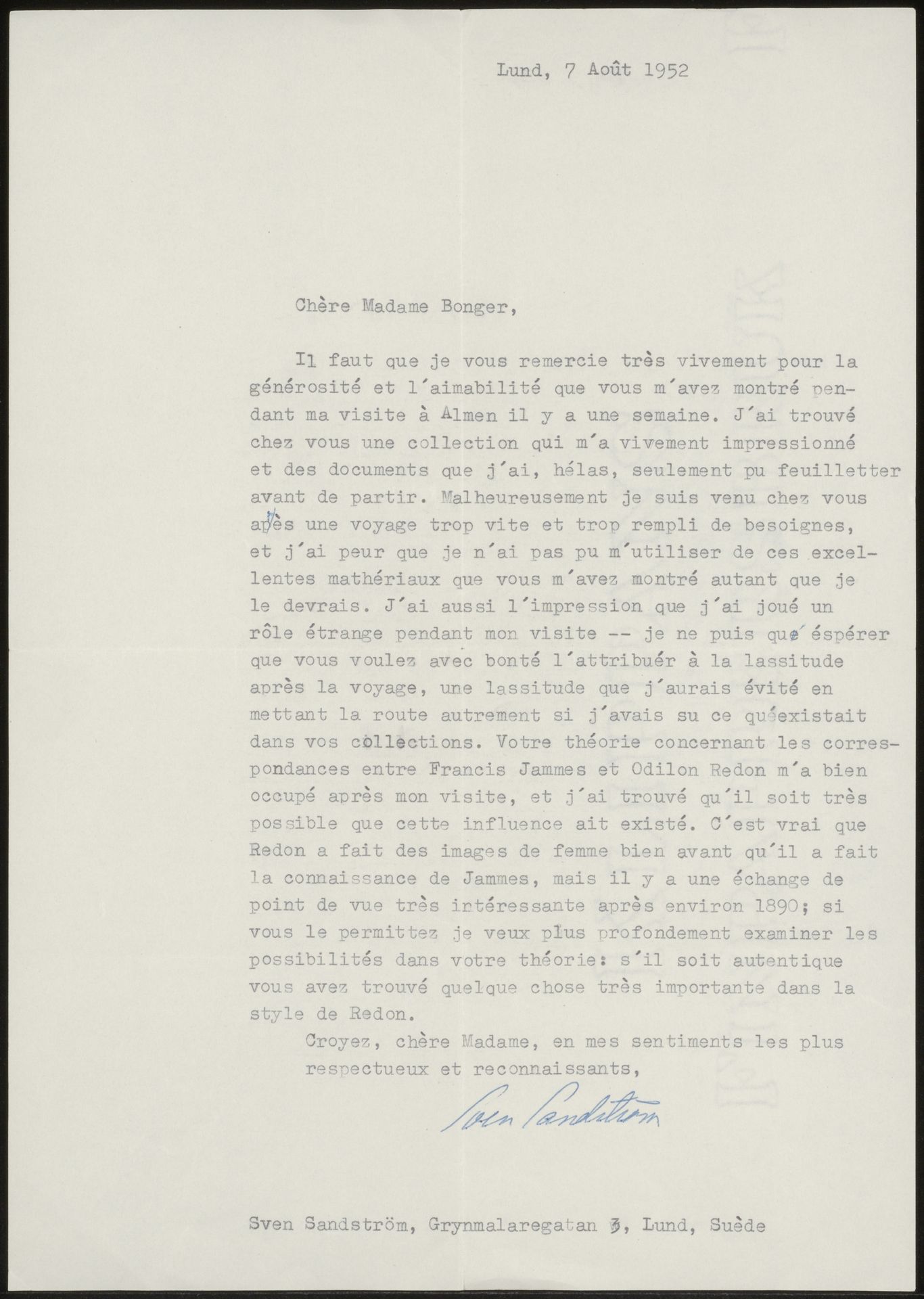 Brief aan Françoise W.M. Bonger by Sven Sandström