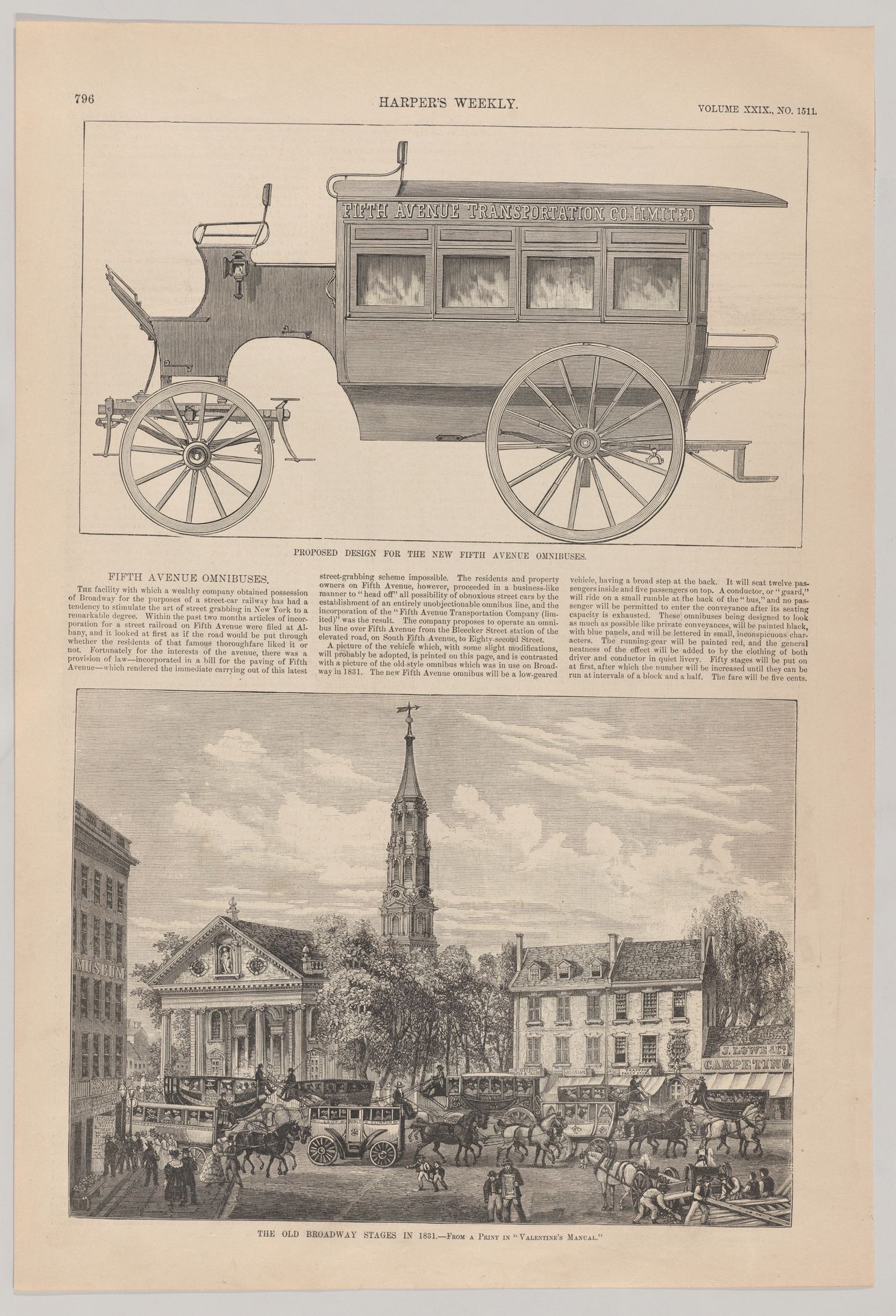 Fifth Avenue Omnibuses: Proposed Design for the New Fifth Ave Omnibus & The Old Broadway Stages in 1831 (from "Harper's Weekly," December 5, 1885) by Harper's Weekly