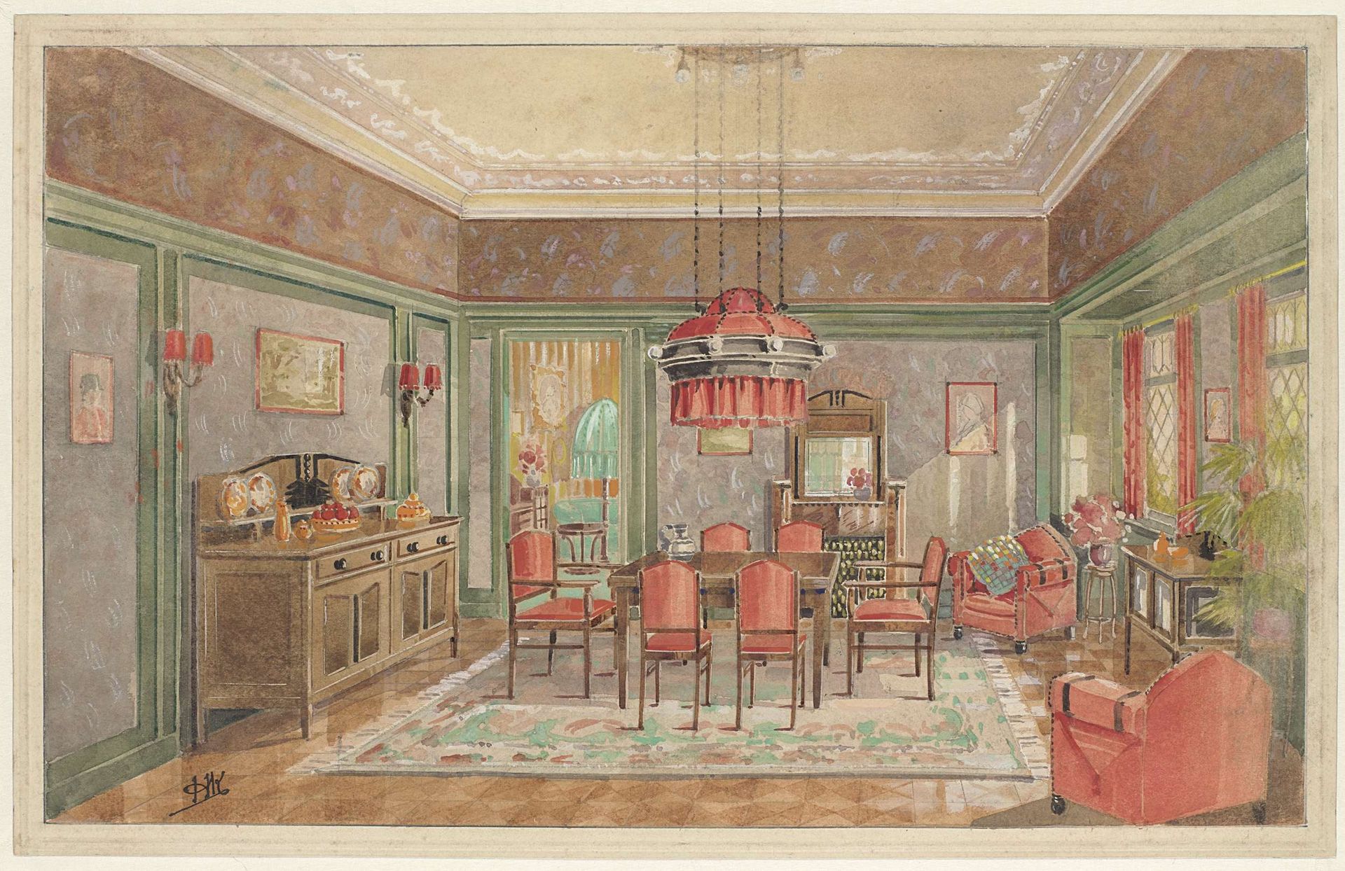 Eetkamer met rode stoelen by Monogrammist HK (Nederland 20ste eeuw)