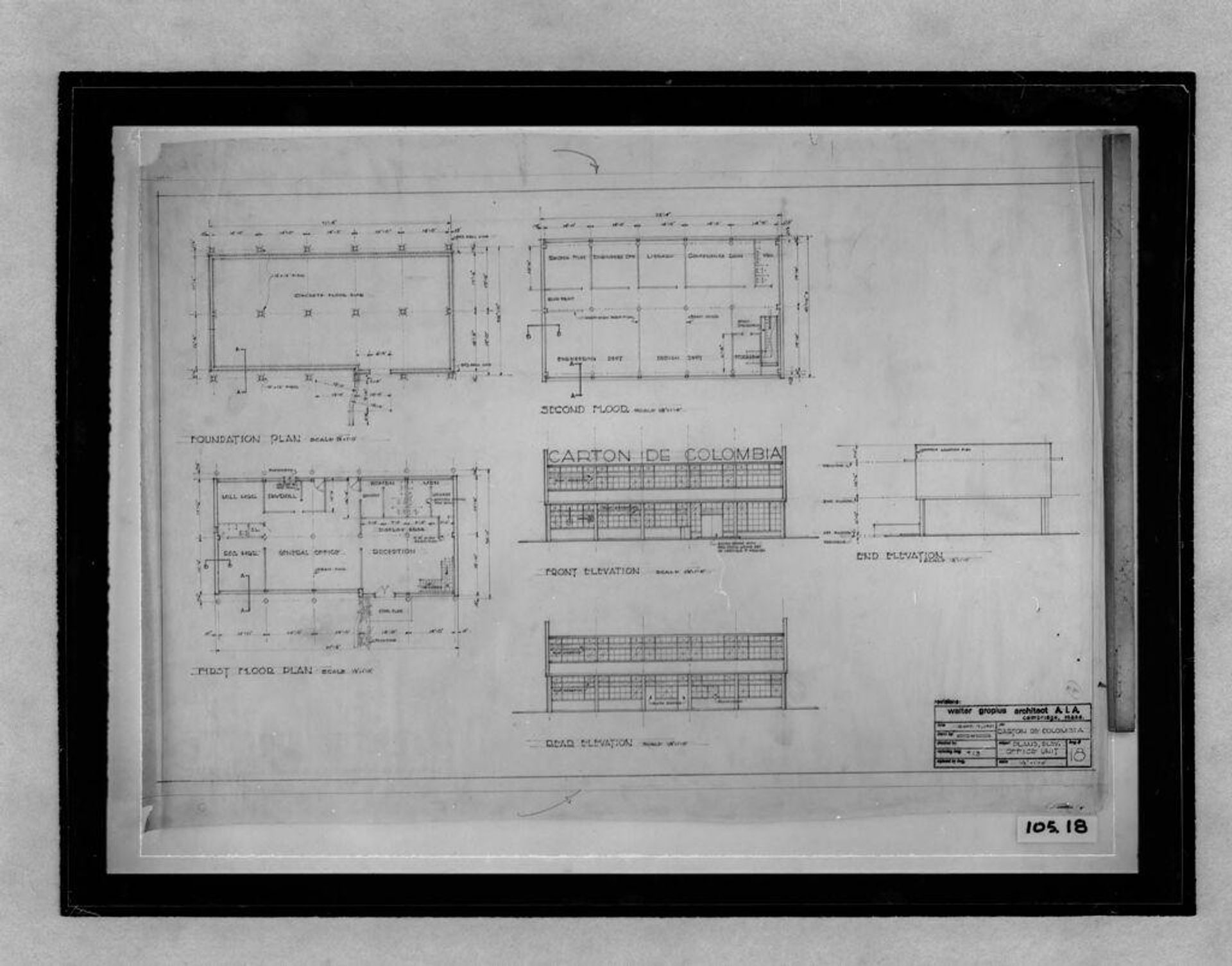 Office and Factory Buildings, Cali, Colombia, 1945: Office unit: plans, elevations (1/8" = 1'-0") by K.H.C.