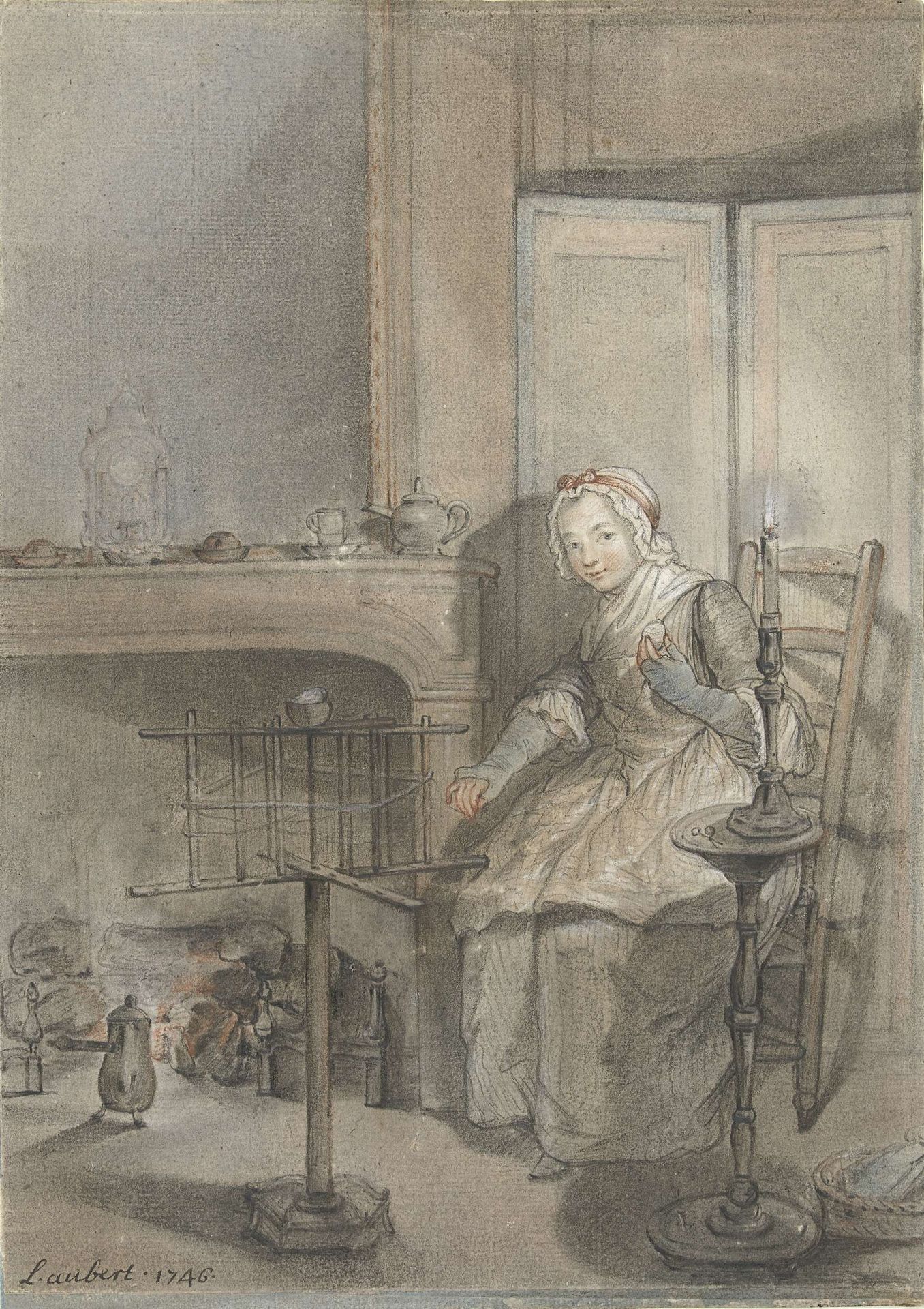 Interieur met een wolkluwende jonge vrouw by Louis Aubert
