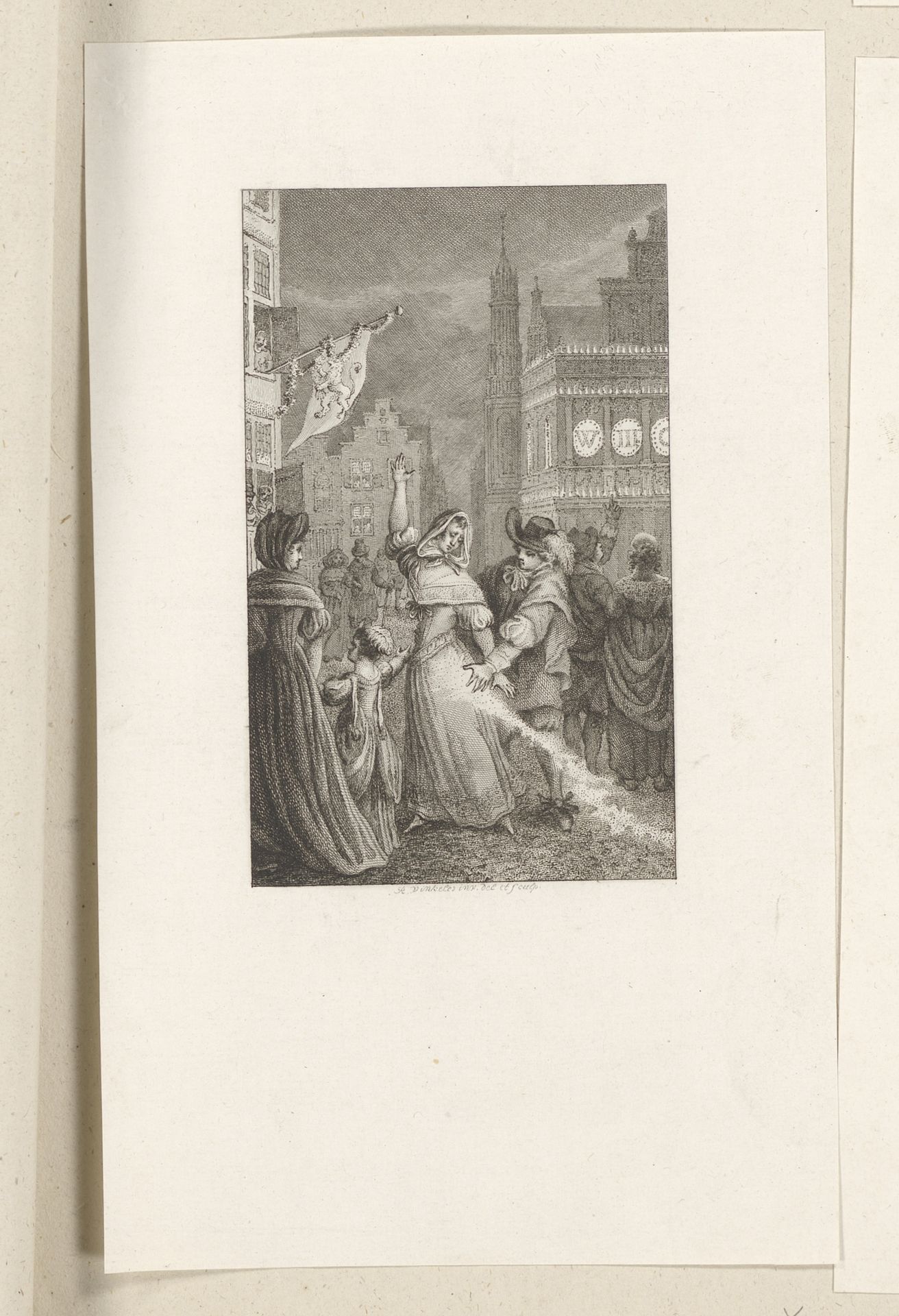 Hellemans redt een dame van rondvliegend vuur by Reinier Vinkeles