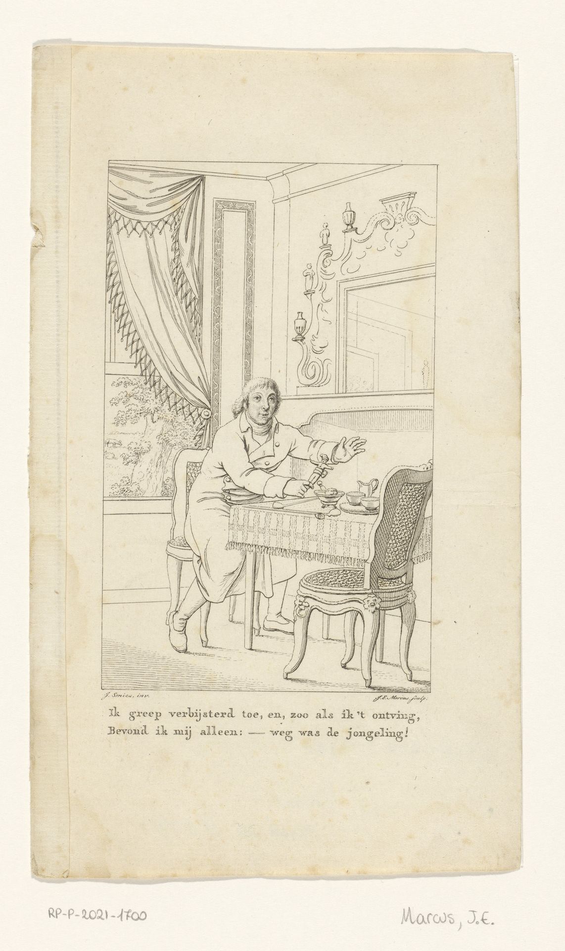 Man zittend aan een tafel met een pop in zijn hand by Jacob Ernst Marcus