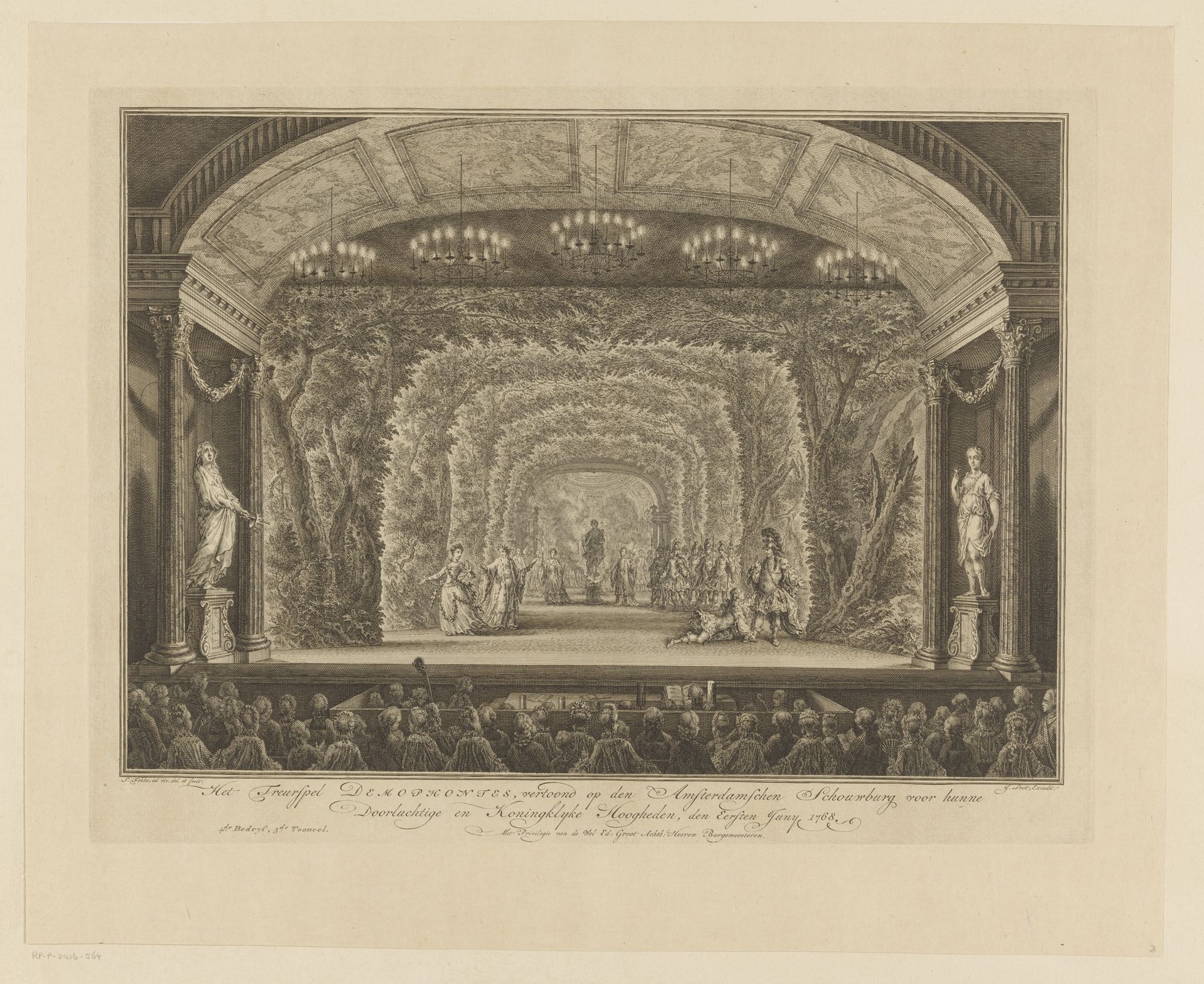 Toneelvoorstelling in de Amsterdamse Schouwburg voor het prinselijk paar, 1768 by Simon Fokke
