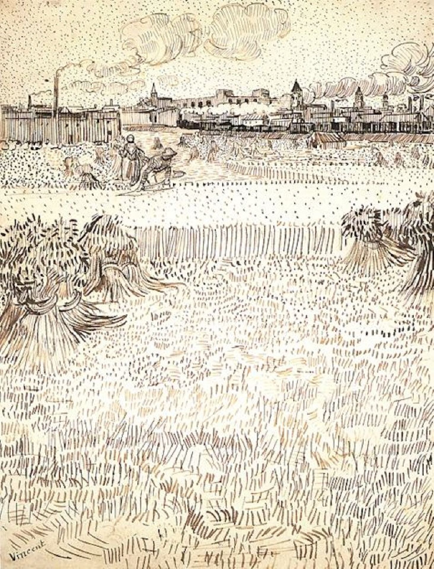 Wheat Field with Sheaves and Arles in the Background by Vincent van Gogh