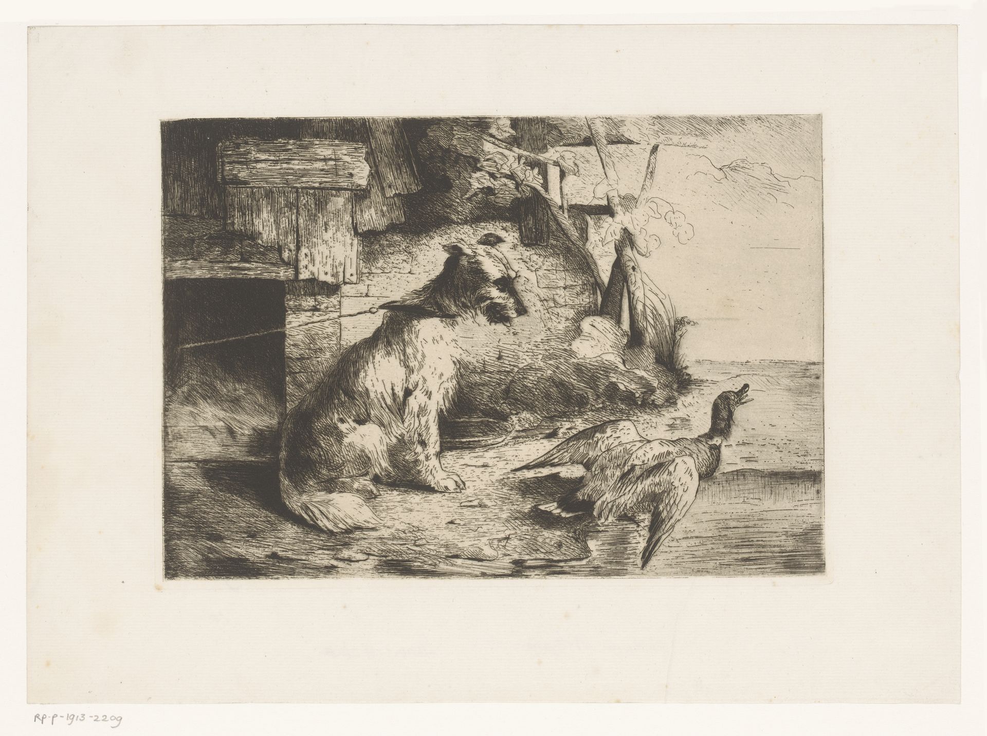 Hond aan een ketting en een eend by Zacharie Noterman