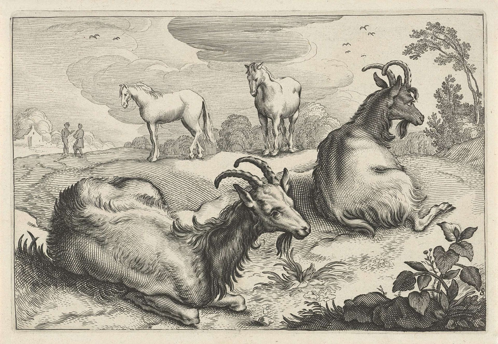 Landschap met twee geiten en twee paarden by Reinier van Persijn