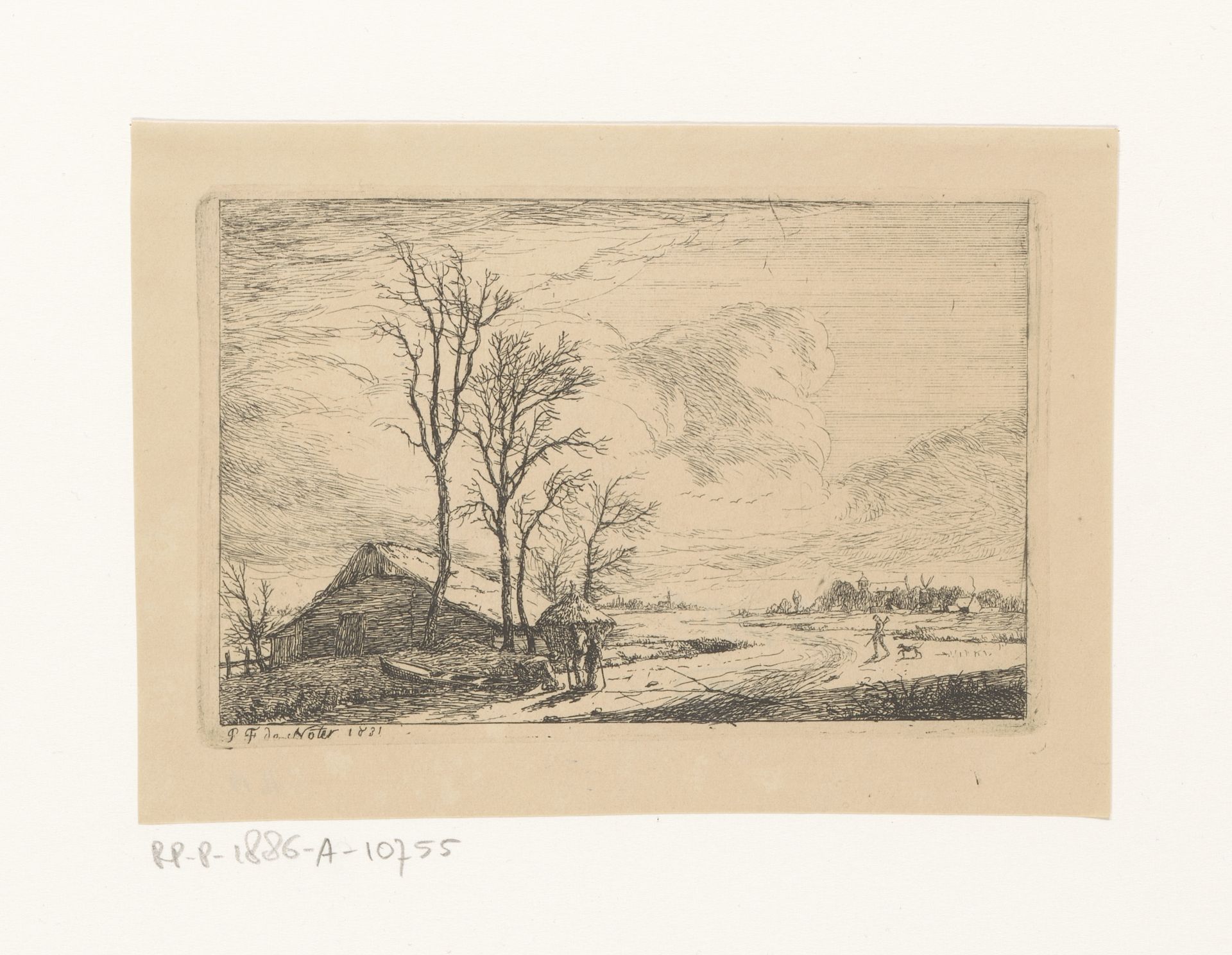 Winterlandschap met een figuur die zittend op een boot schaatsen aantrekt by Pierre François De Noter