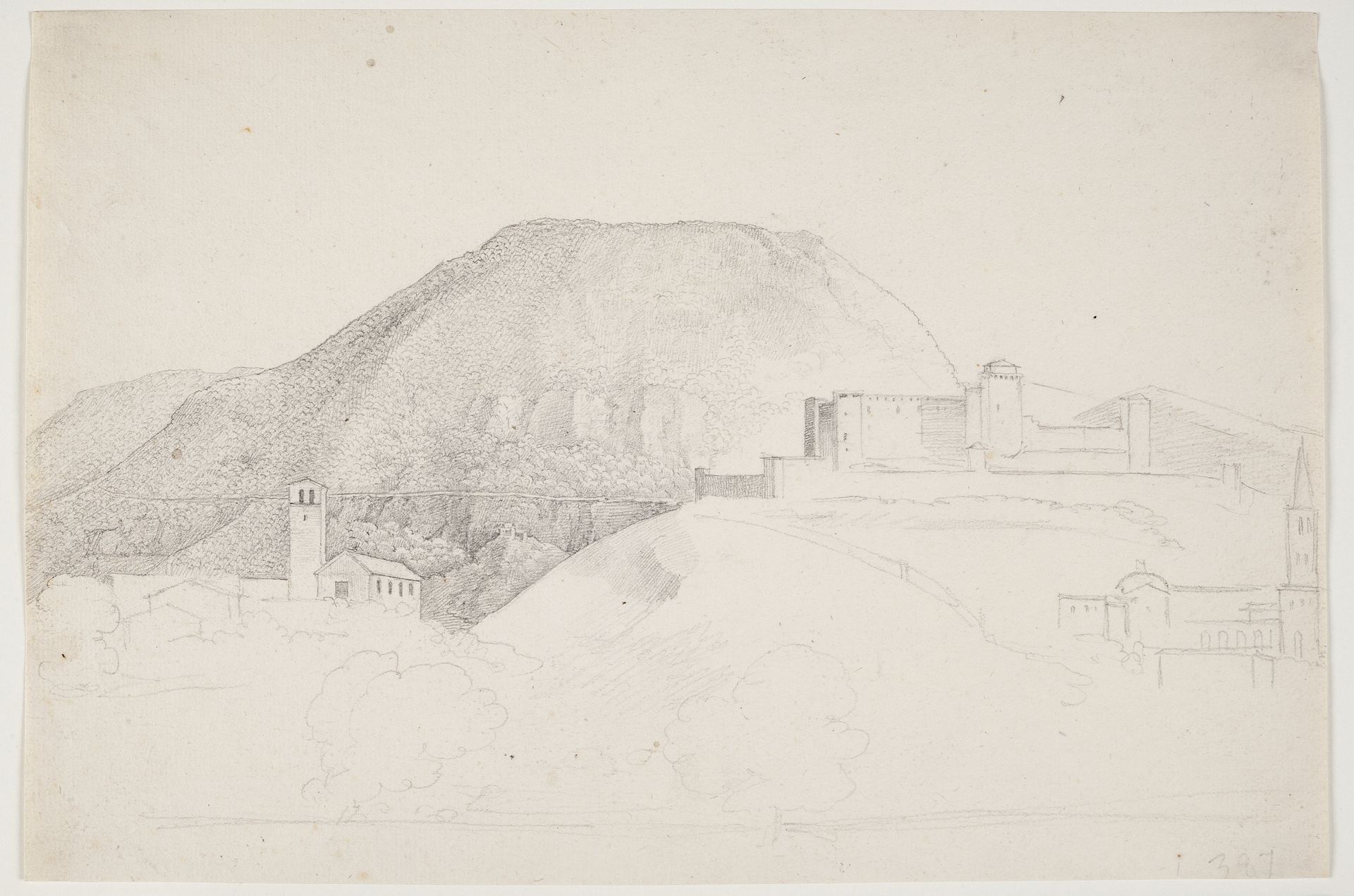 Landsskabsstudie med bjerg og bygninger. Spoleto, Italien by J.L. Lund