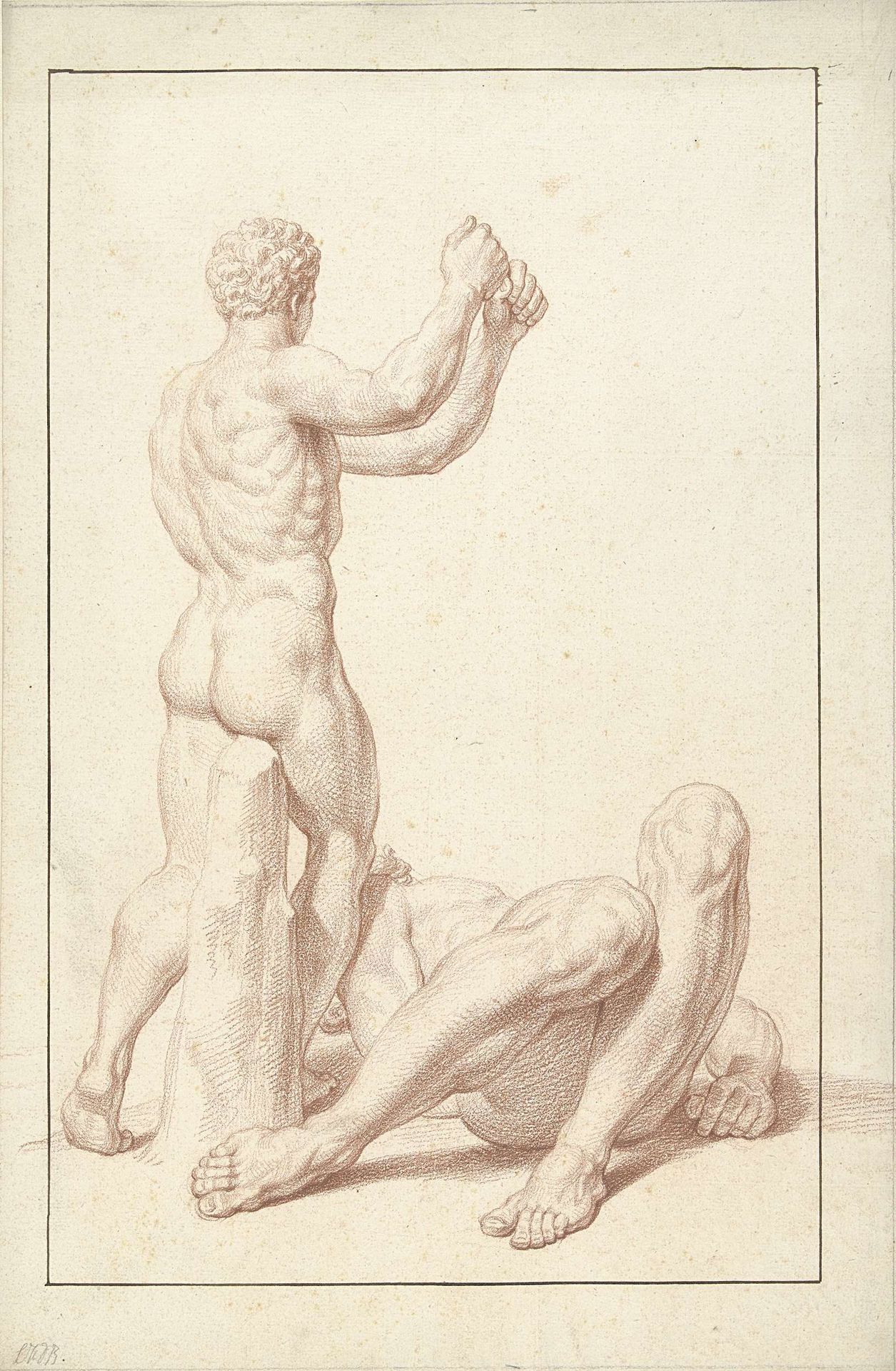Beeld van een jongen met opgeheven armen, op de rug gezien, bij een liggende man met baard by Louis Fabritius Dubourg