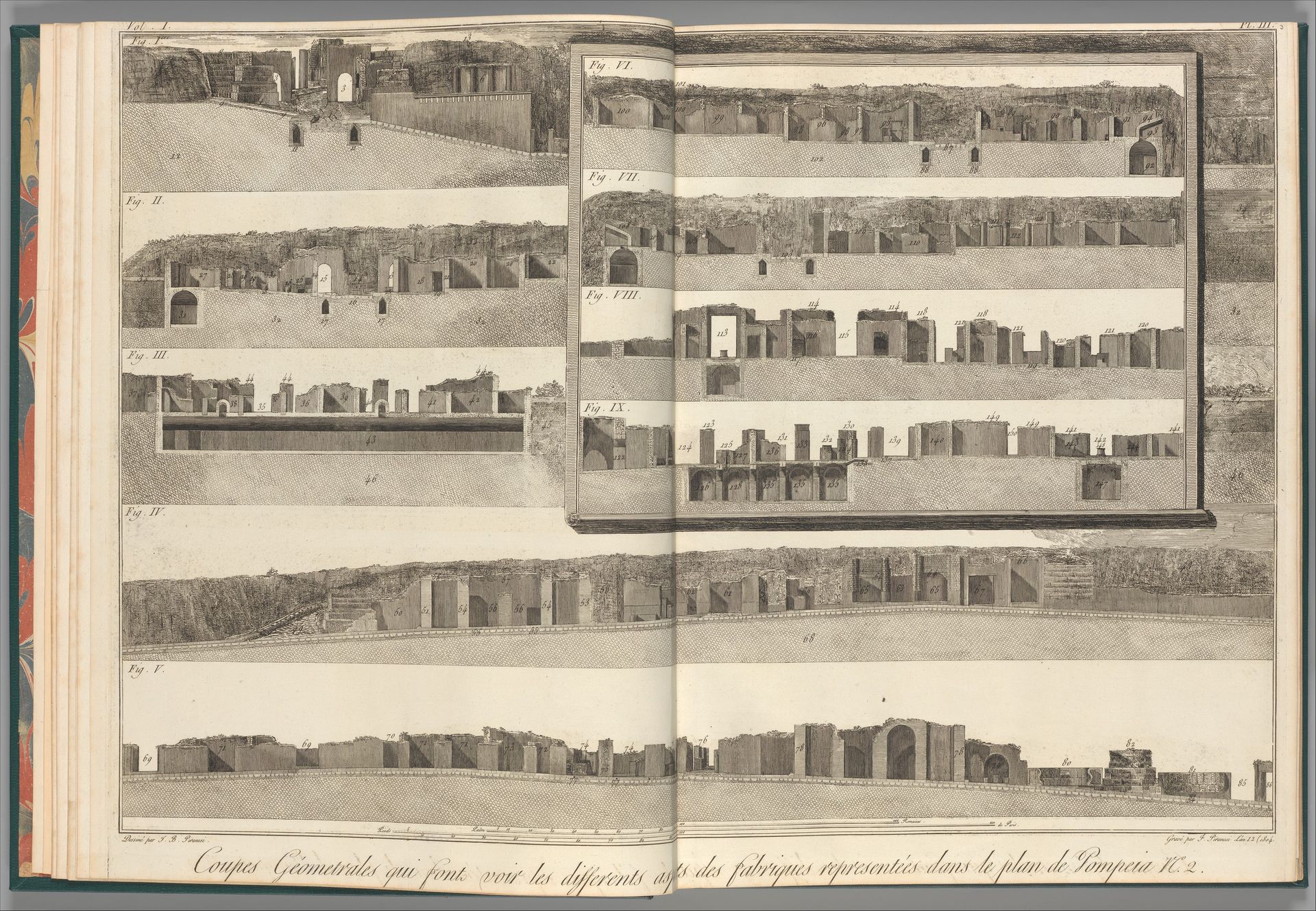 Cross-sections, which show the different aspects of the buildings shown in the plan of Pompeii [the preceding plate], from "Antiquités de Pompeïa, tome premier, Antiquités de la Grande Grèce..." (Antiquities of Pompeii, volume one, Antiquities of Great Greece...), volume 1, plate 3 by Francesco Piranesi