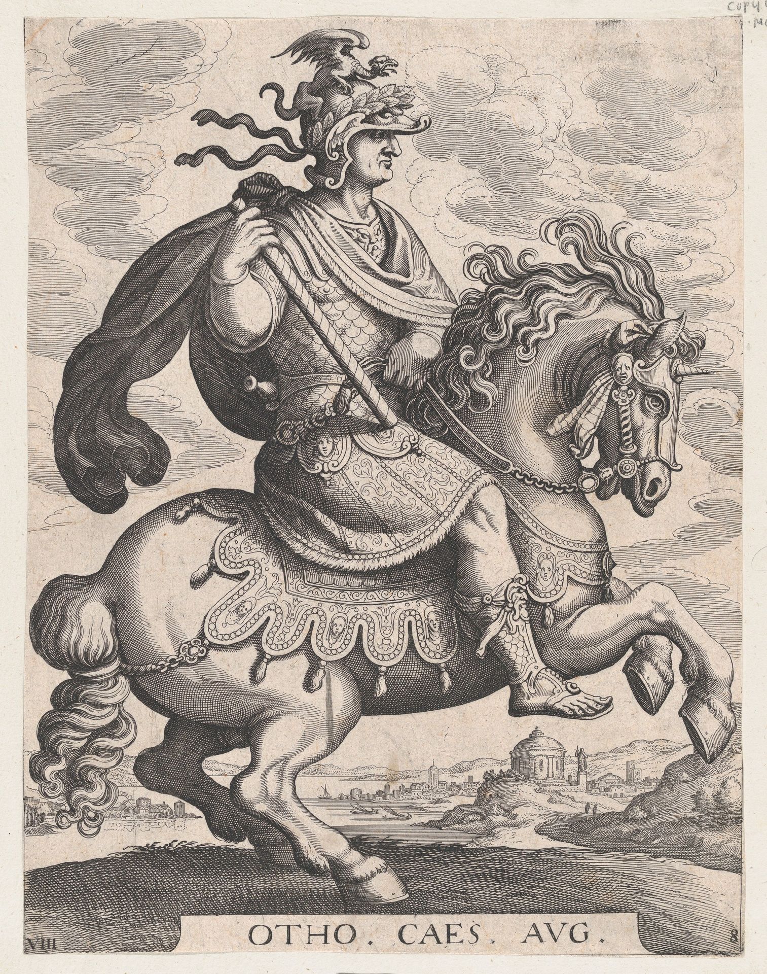 Plate 8: Emperor Otho on Horseback, from 'The First Twelve Roman Caesars', after Tempesta by Matthäus Merian the Elder