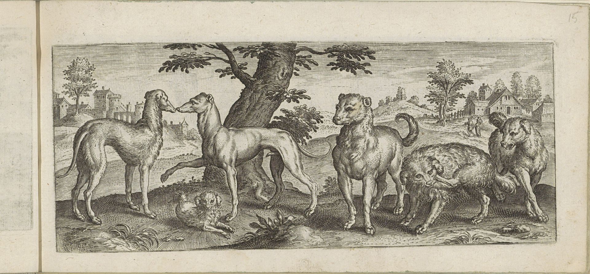 Zes honden in een landschap by Marcus (I) Gheeraerts