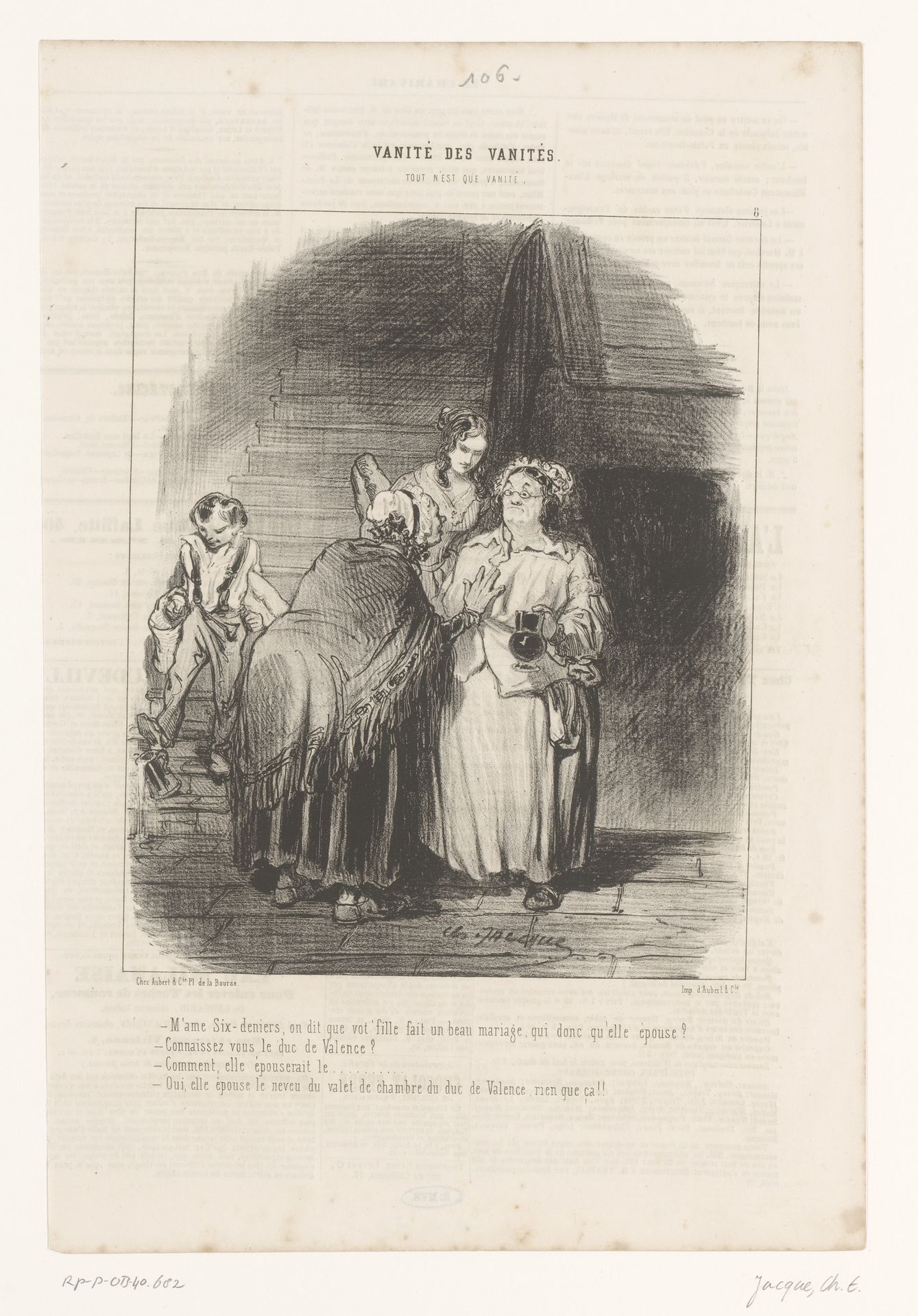 Oude vrouw spreekt buurvrouw aan in trappenhuis by Charles Jacque