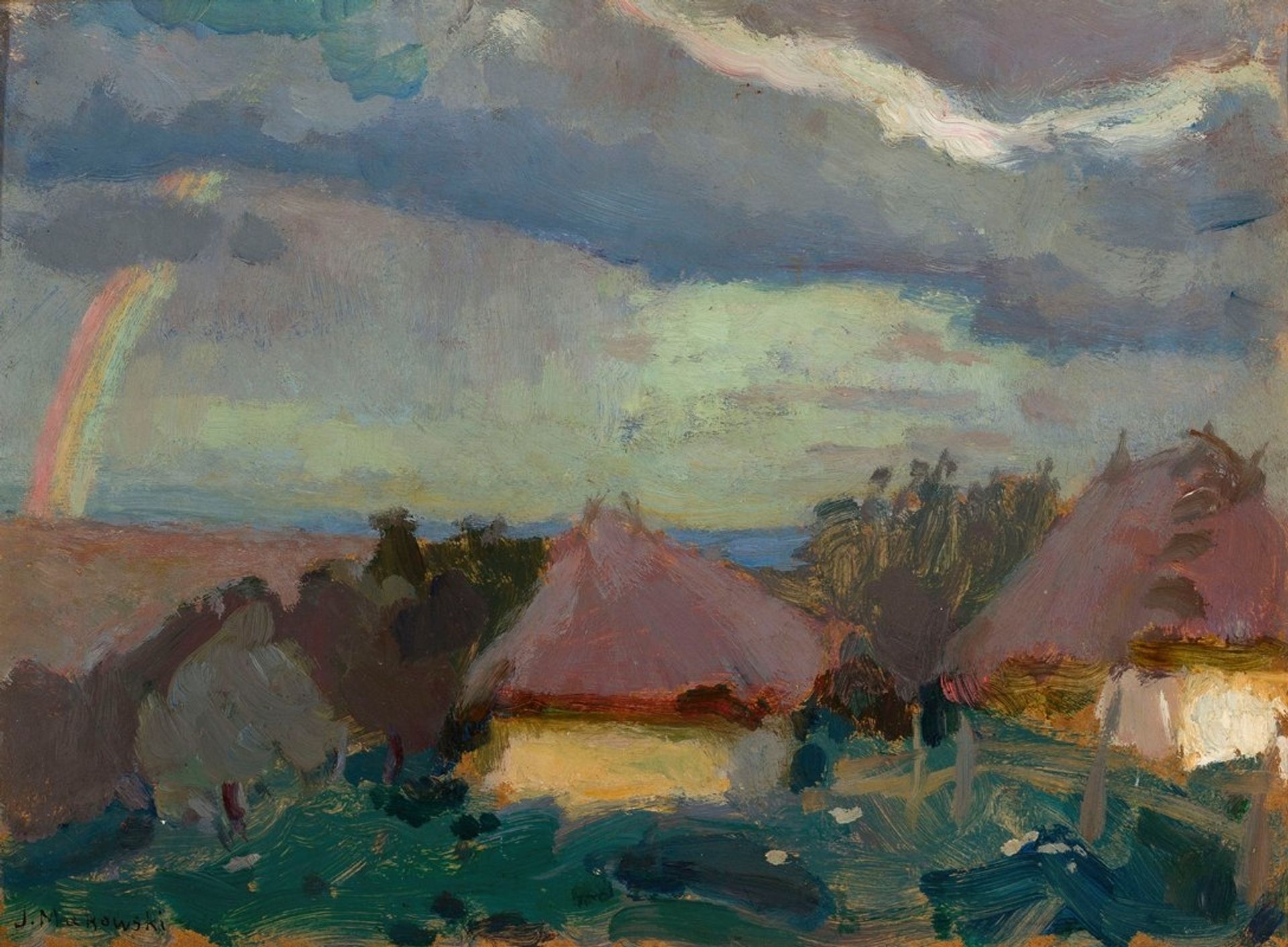 Rural landscape with a rainbow by Tadeusz Makowski