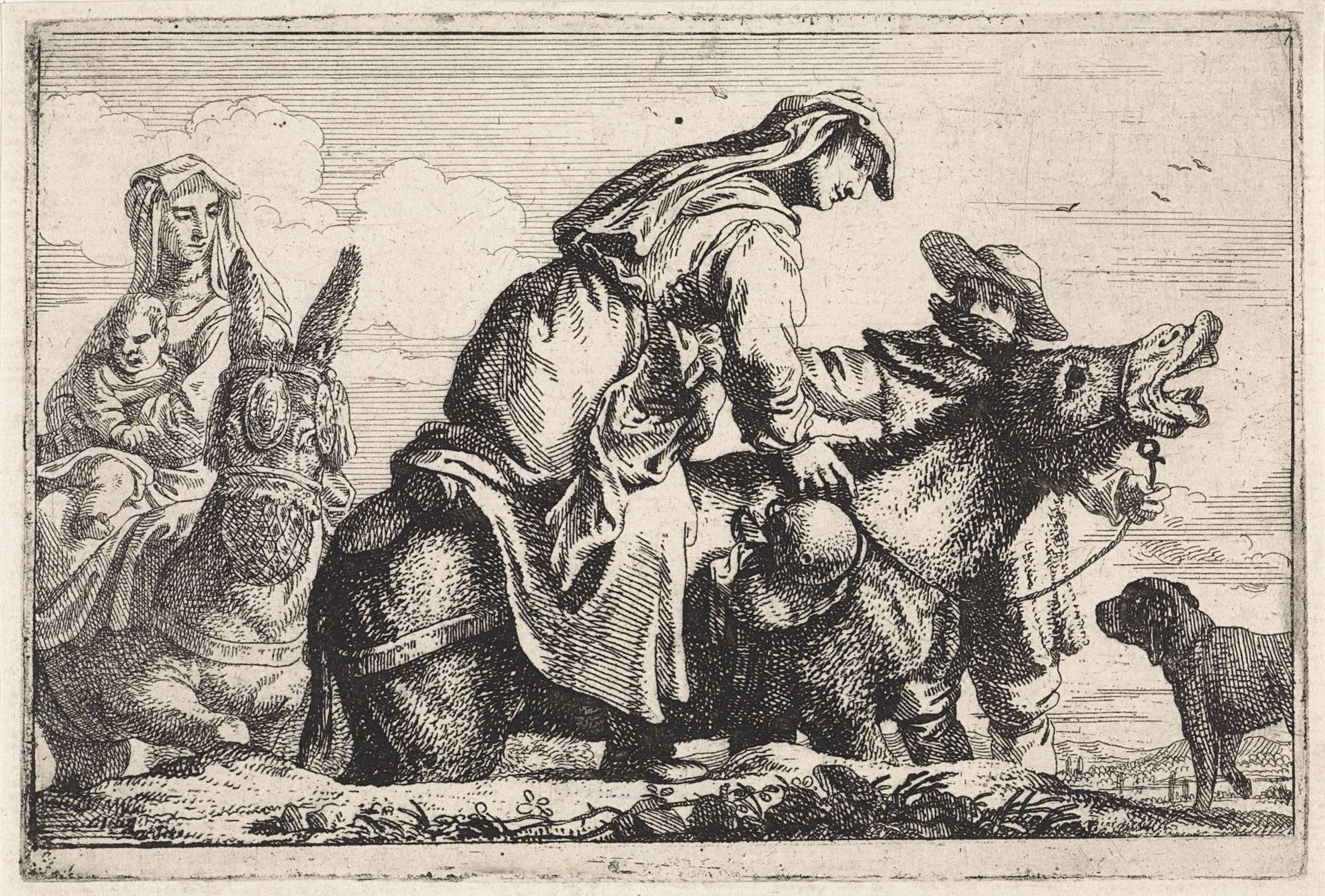 Vrouw bestijgt ezel by Jan Baptist de Wael