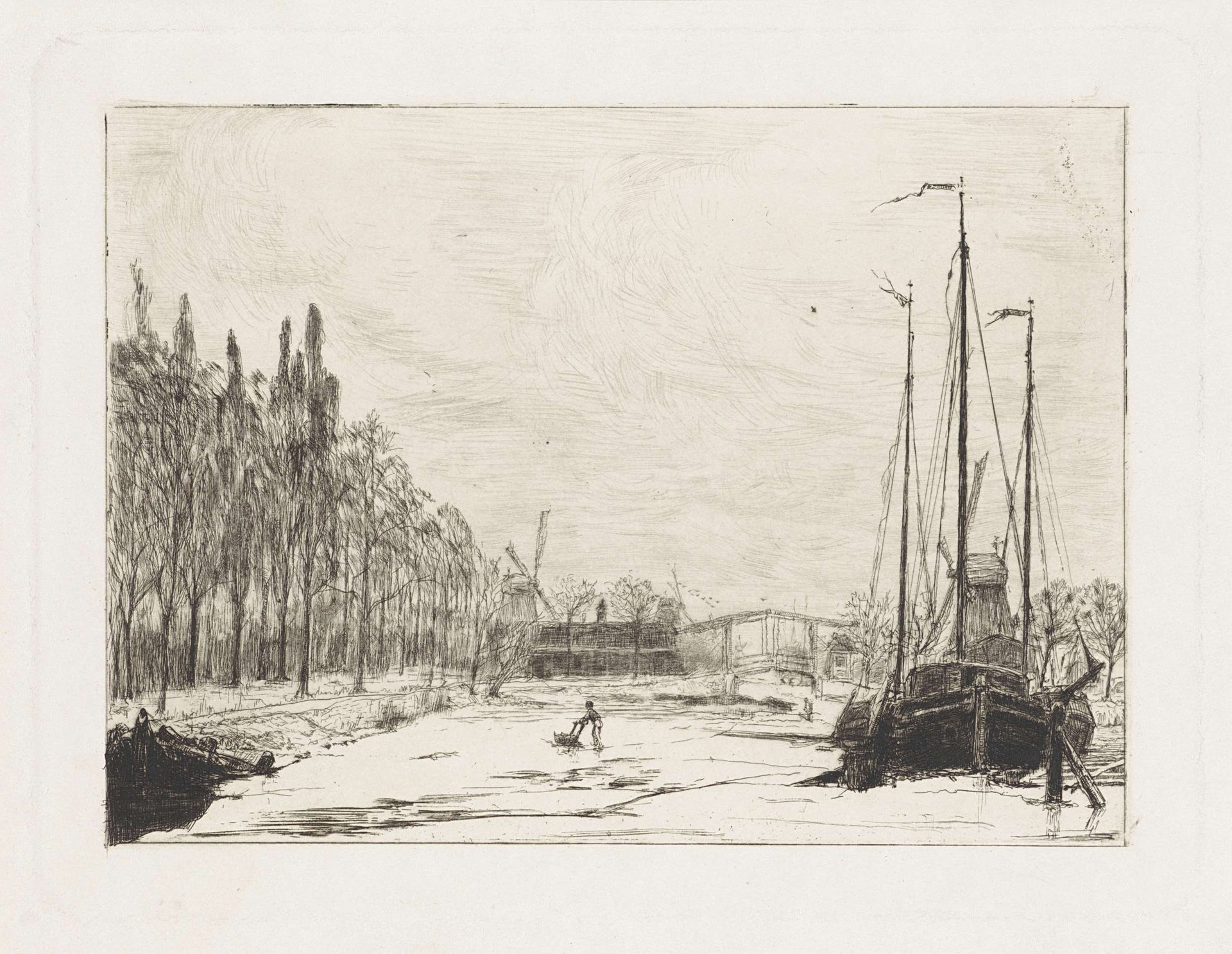 Gezicht op de bevroren Kattensloot te Amsterdam by Frans Schikkinger